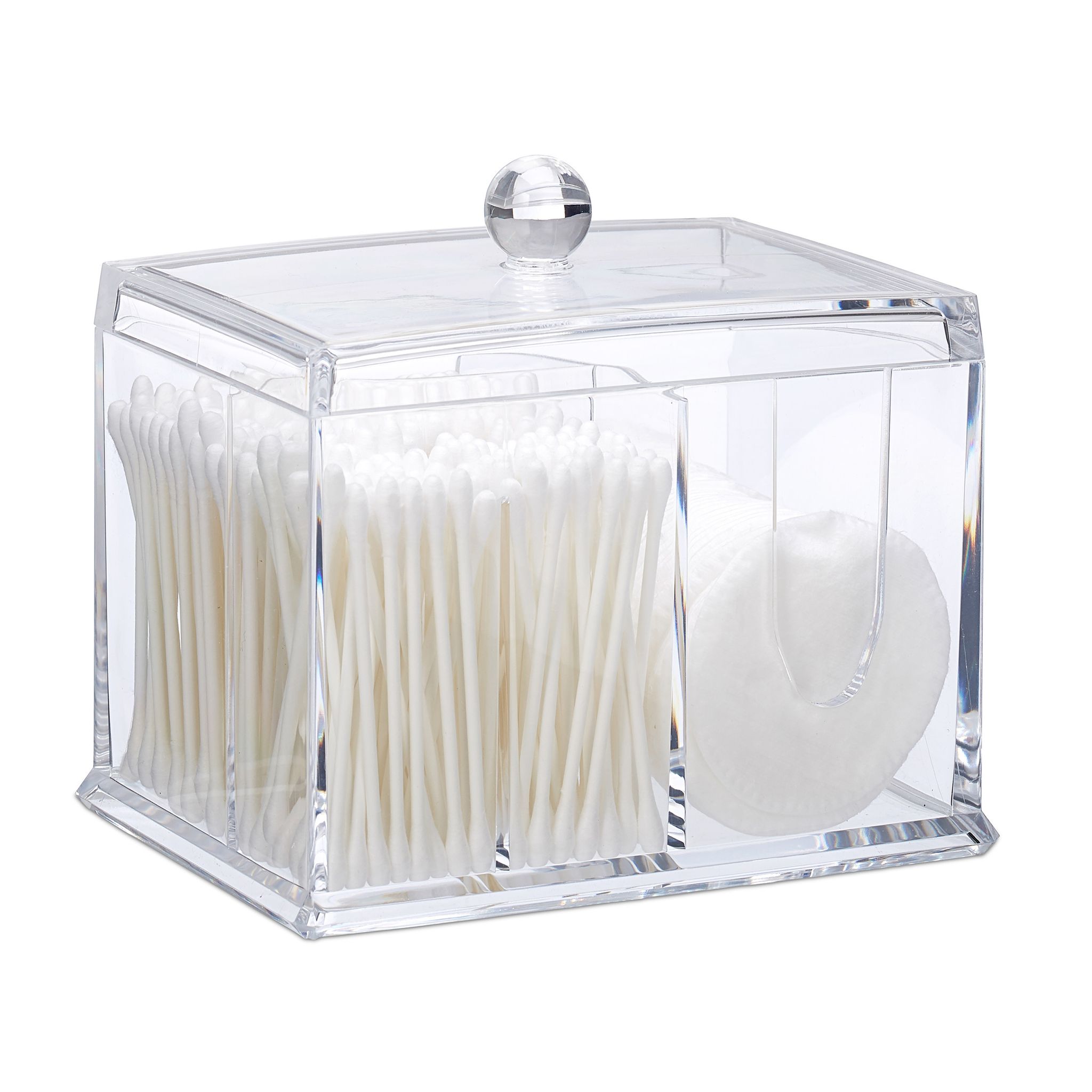 Relaxdays - Cotton Swab Storage Box, Acrylic Lidded Organiser, Stick Bathroom Dispenser, Size L, Clear