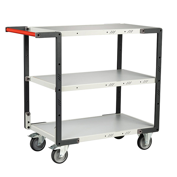 Servante d'atelier à monter, 3 plateaux mélaminé 850x495 mm, charge 250 kg, roues TPE
