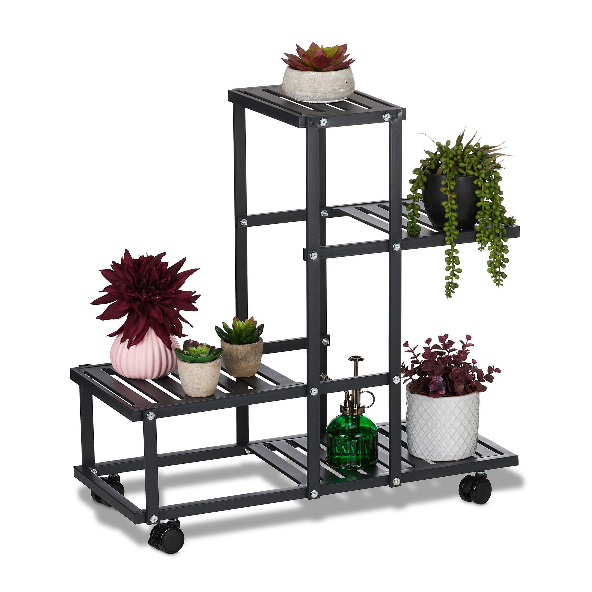 Scaffale Portapiante Con Rotelle, 60,5 X 61,5 X 26 Cm, A 4 Ripiani, In Acciaio, Portafiori E Portavasi, Nero - Relaxdays