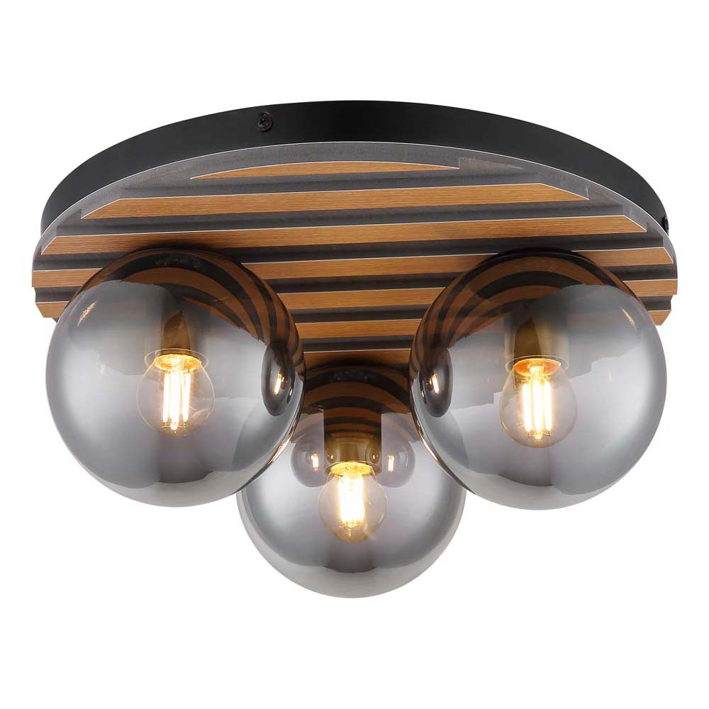 Deckenleuchte Deckenlampe Glas Rauchfarben Holzoptik Wohnzimmerlampe 3 Flammig, Metall Glas, 3x E27 Fassungen, Dxh 39x20 Cm