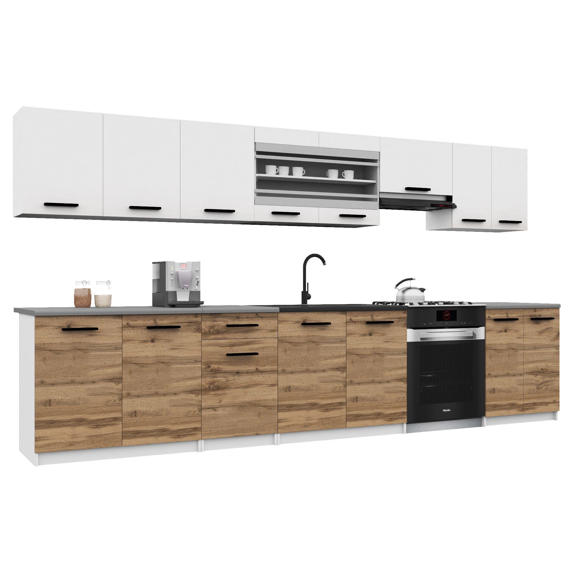Belini Italia 3 Cuisine Equipée Modulaire Complète - 320 Cm. Meubles Hauts Bas Avec Plan De Travail, Blanc Mat/brun Doré