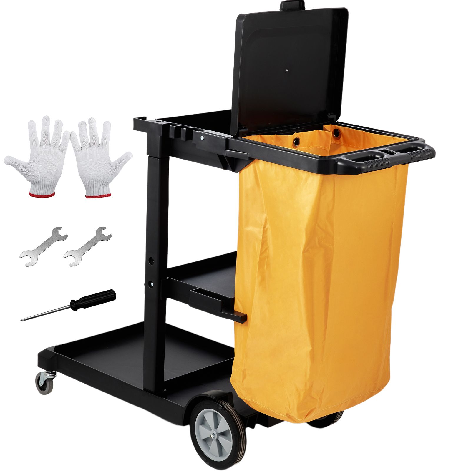 Chariot de nettoyage 3 étagères en polypropylène, 90 kg, sac PVC 95 L avec couverture, 120 x 51 x 98 cm