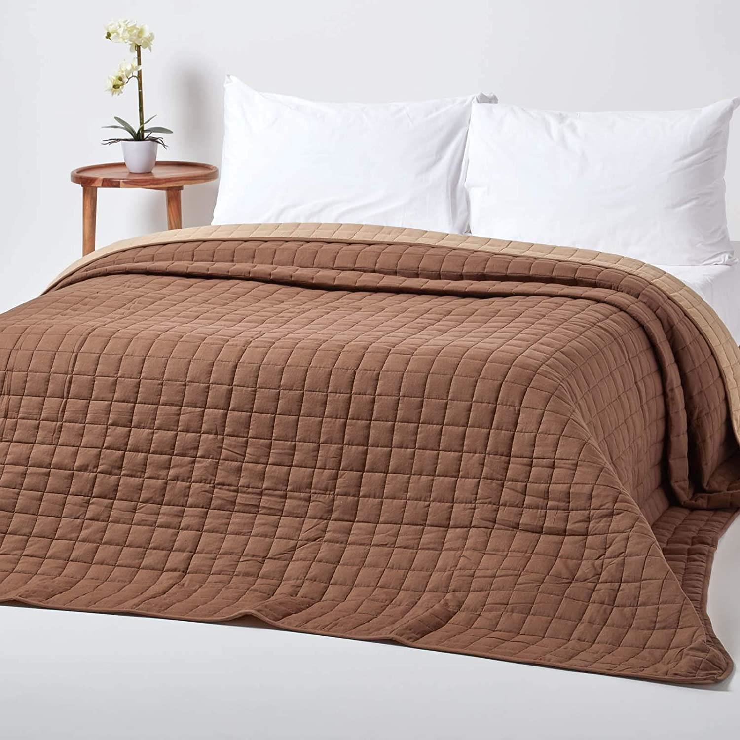 Homescapes - Cotton Quilted Reversible Bedspread Chocolate Mink Brown, 230 X 250 Cm