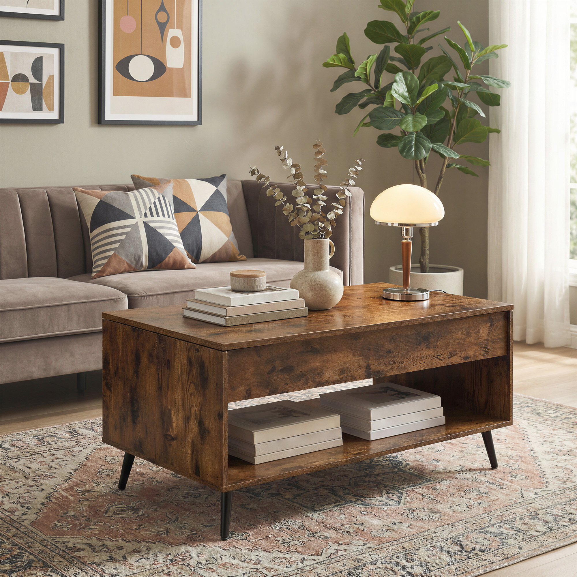 Vasagle – Table Basse Relevable Marron Et Noir – Hauteur Ajustable