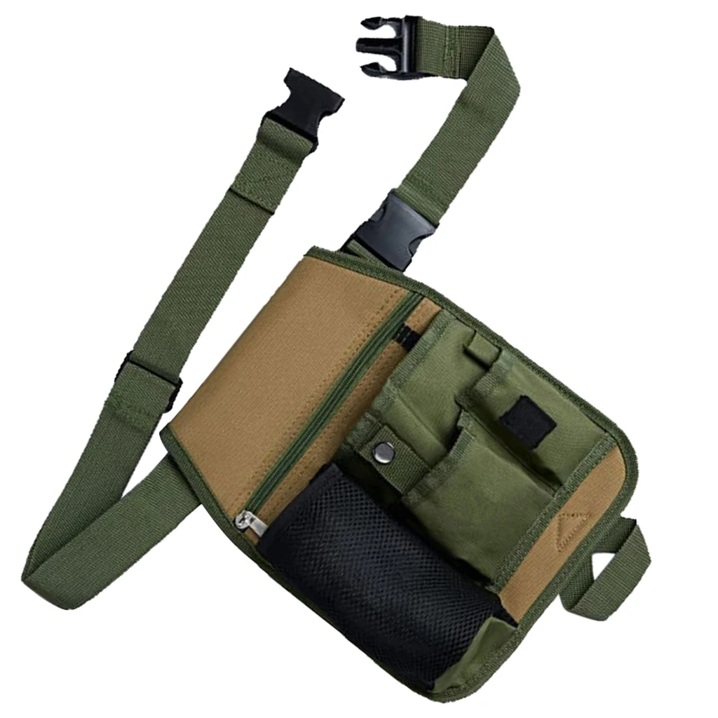 Ceinture porte-outils de jardin en tissu Oxford 600D, 6 poches dont une grande zippée, vert olive