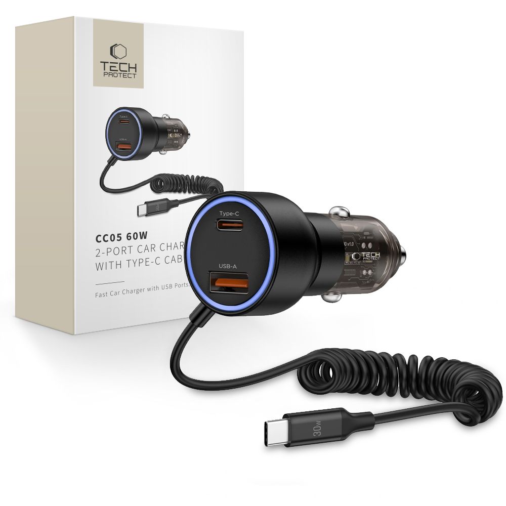 Oem Tech-Protect Cc05 2-Port-Kfz-Ladegerät Pd60w + Kabel Schwarz