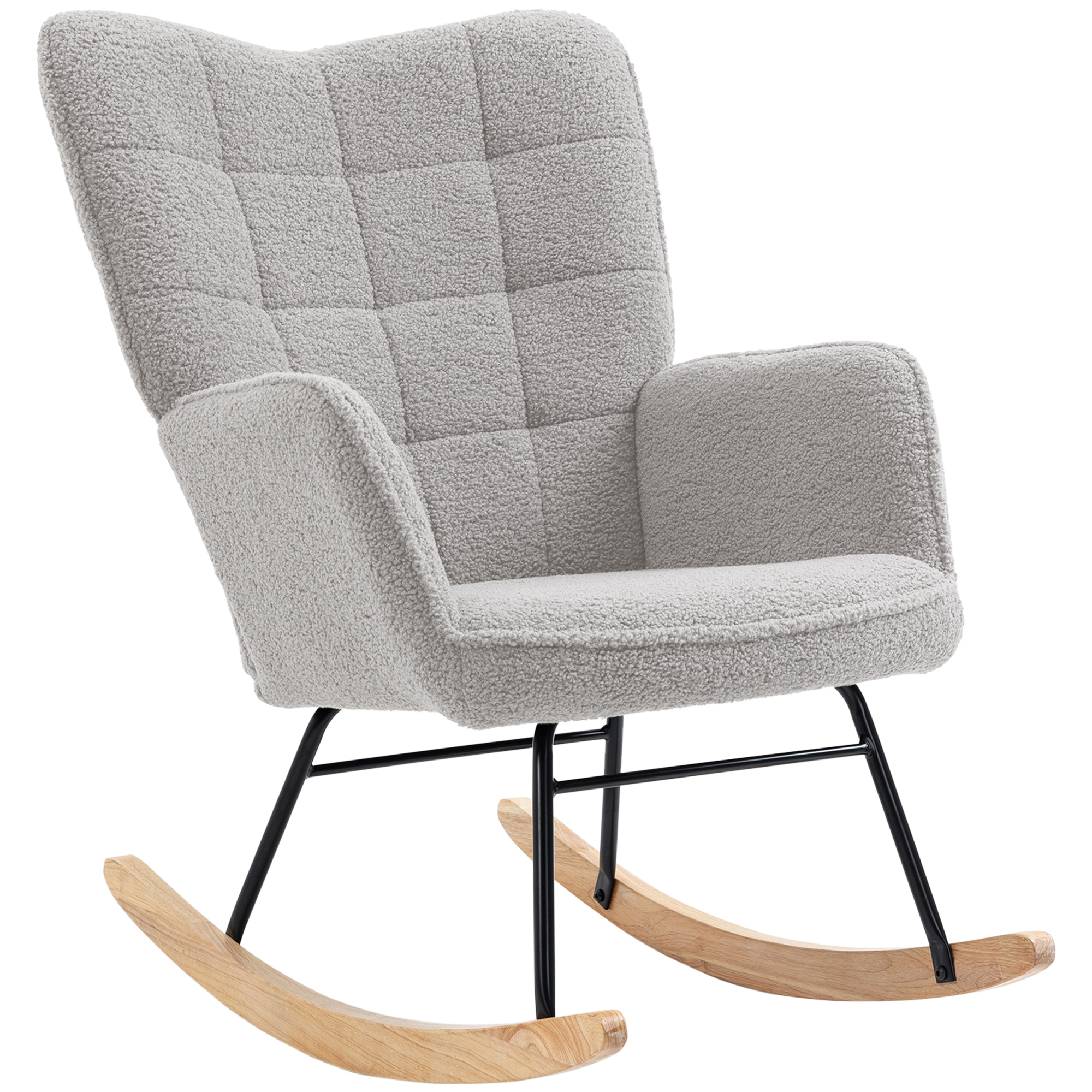 Fauteuil À Bascule Capitonné En Bois Et Acier, Revêtement En Bouclé, 71 X 98 X 101 Cm, Gris