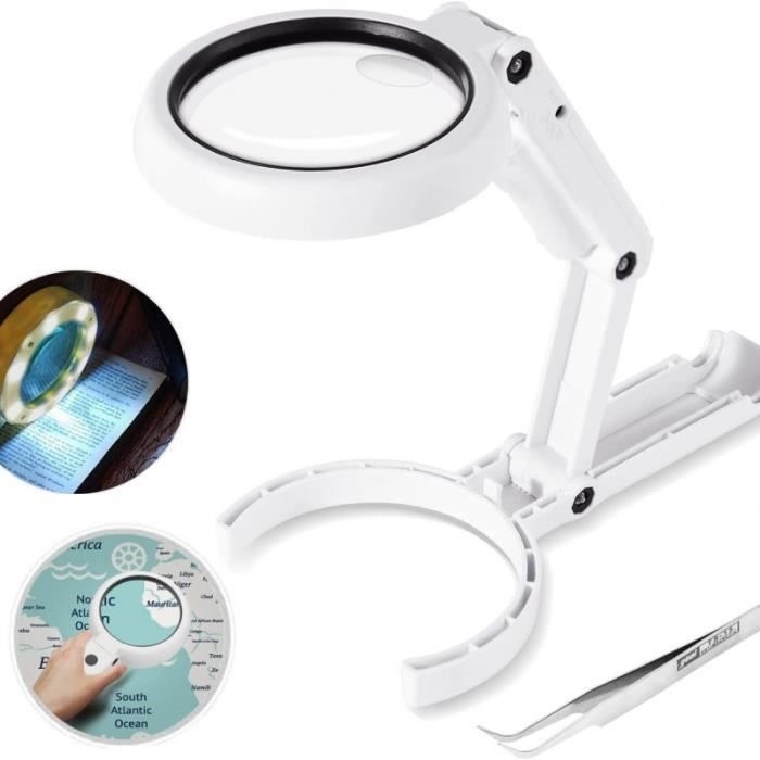 Loupe de lecture pliable 5x et 11x avec support, 8 LED et alimentation USB, lot de 1