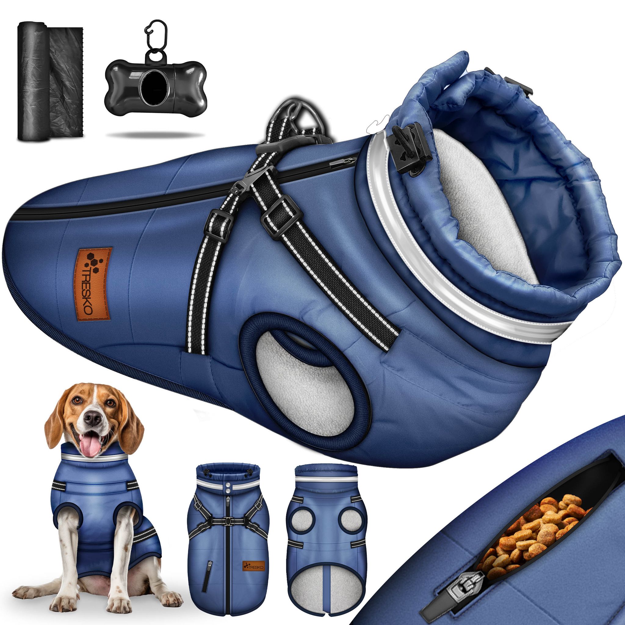 Tresko® Hundejacke Navyblau / Größe S Winter Mit Reflektoren Inkl. 15 Stück Kotbeutel + Spender Hunderegenmantel Wasserdicht Hundemantel Inkl.