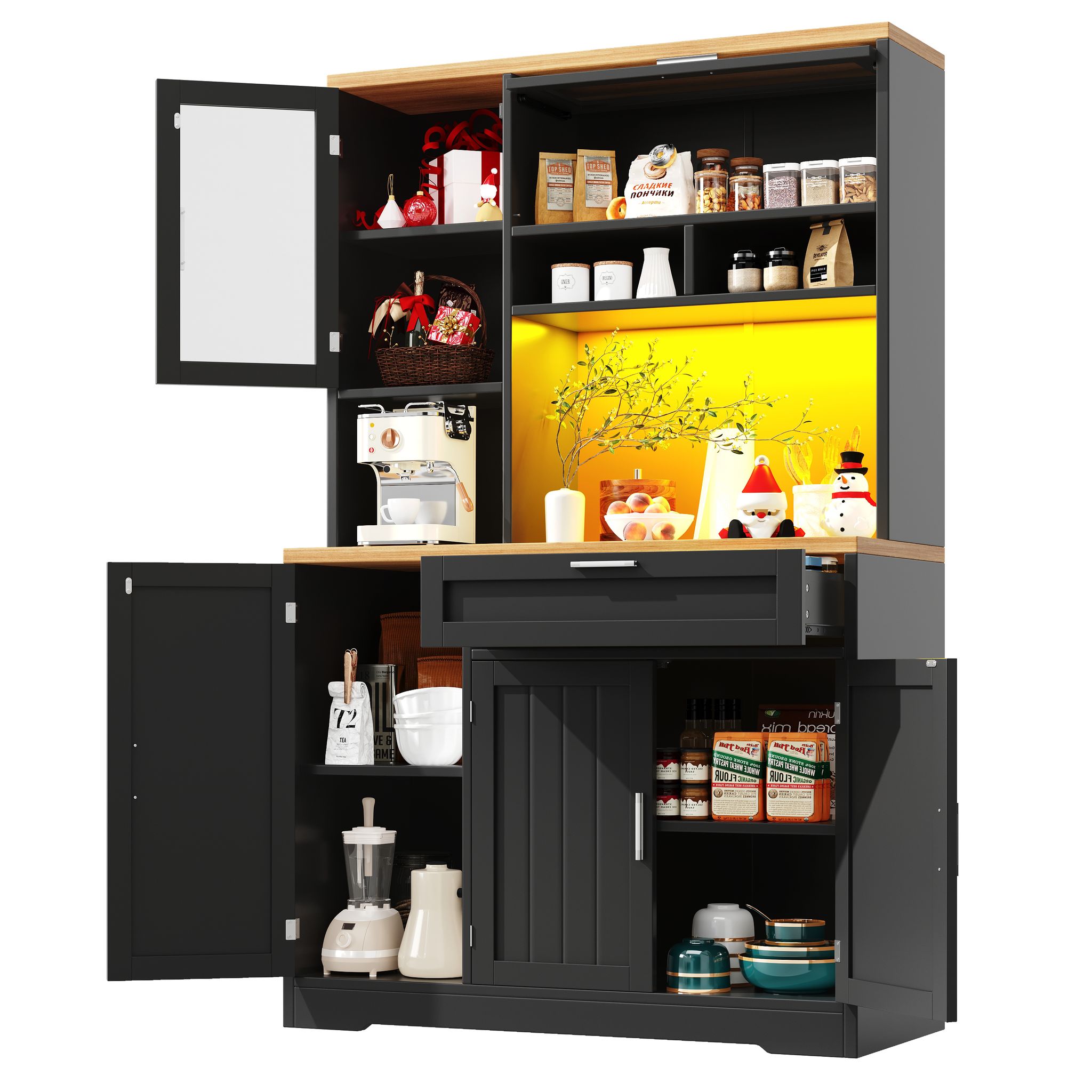 Stilvora Küchenhochschrank Vitrine Mit 5 Türen Und 1 Schublade, Led Per Usb, Aus Mdf Und Metall, Schwarz, 104x40x180 Cm