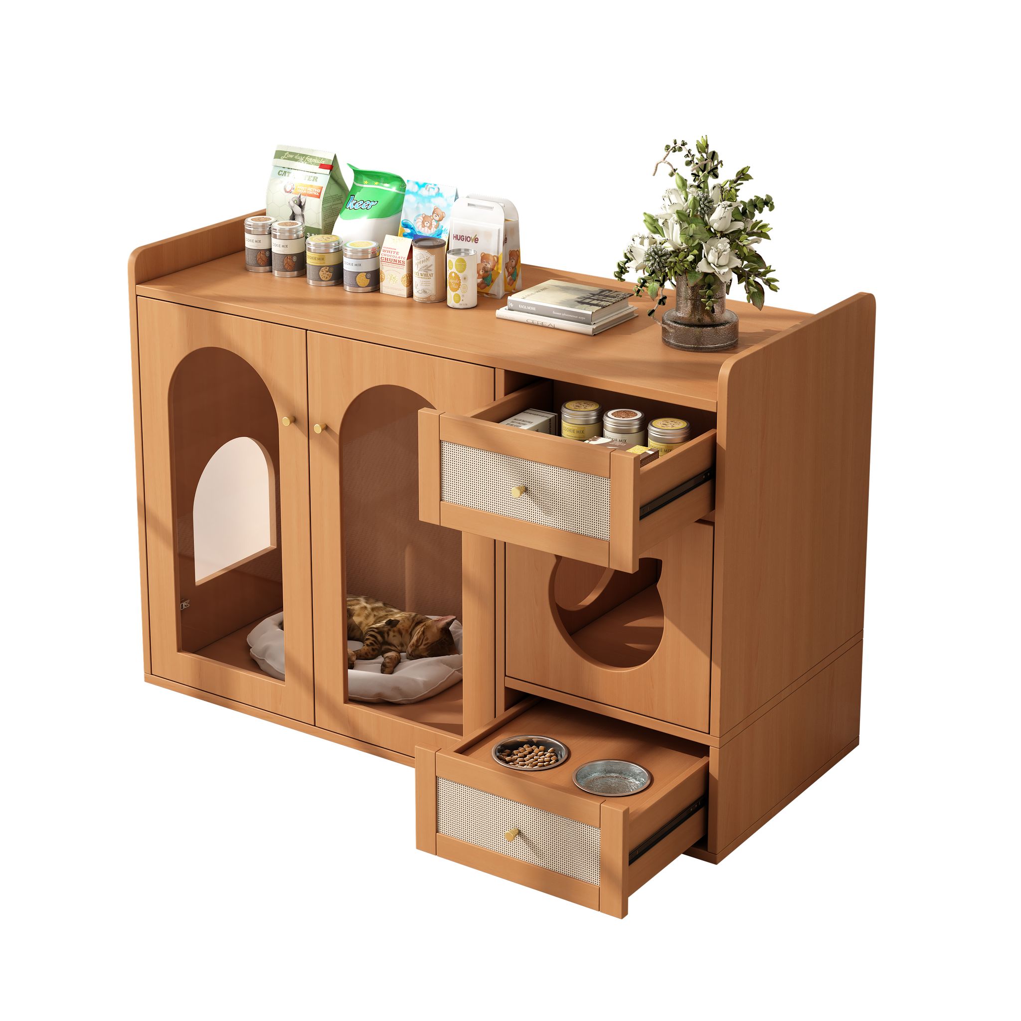 Stilvora Verstecktes Katzenmöbel Mit 2 Schubladen, Katzenklo-bereich, Ruheplatz Und Futternäpfen, Aus Mdf Und Glas, 120×45×76 Cm