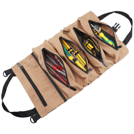 Sac à outils en toile avec 5 poches zippées, 47 x 28 cm, design enroulable, 2 poignées