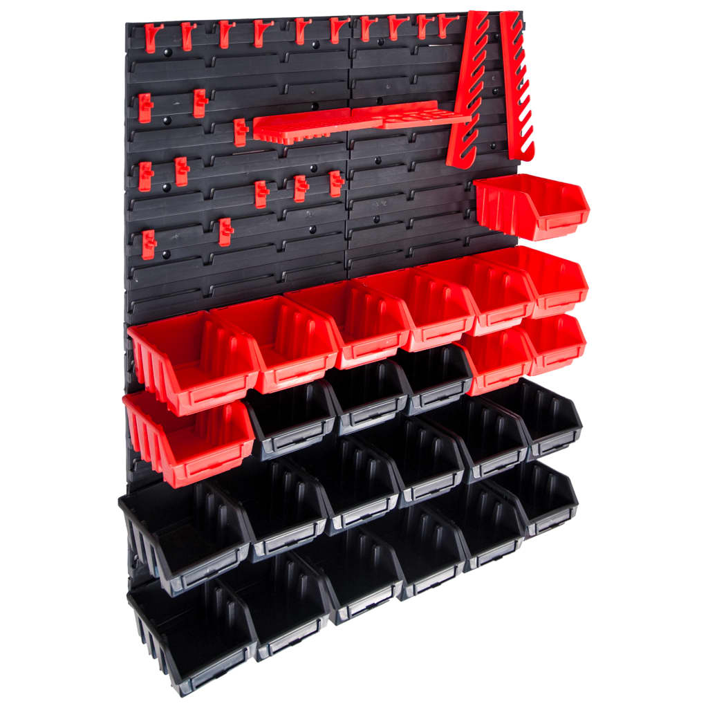 Kit de rangement mural 29 pièces, 4 panneaux et 25 bacs empilables, noir et rouge
