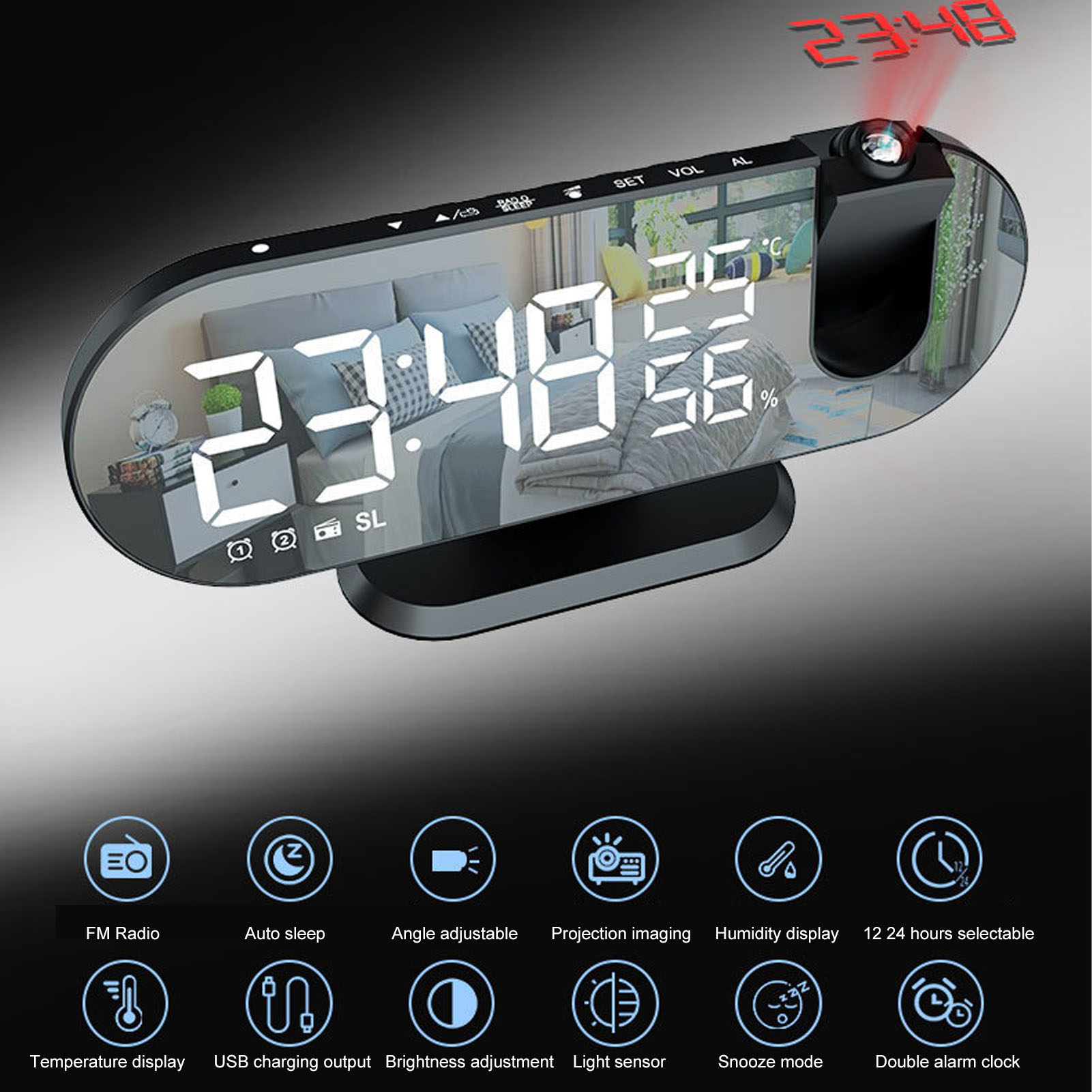 Orologio Da Parete A Led Ad Alta Luminosità Con Proiettore E Display A Specchio, Usb 5v, Bianco/metallo, Ampio Schermo, Sveglia Digitale, Batteria Cr2032, 21x9,8x2,3 Cm, Braccio Girevole A 180°, Manua