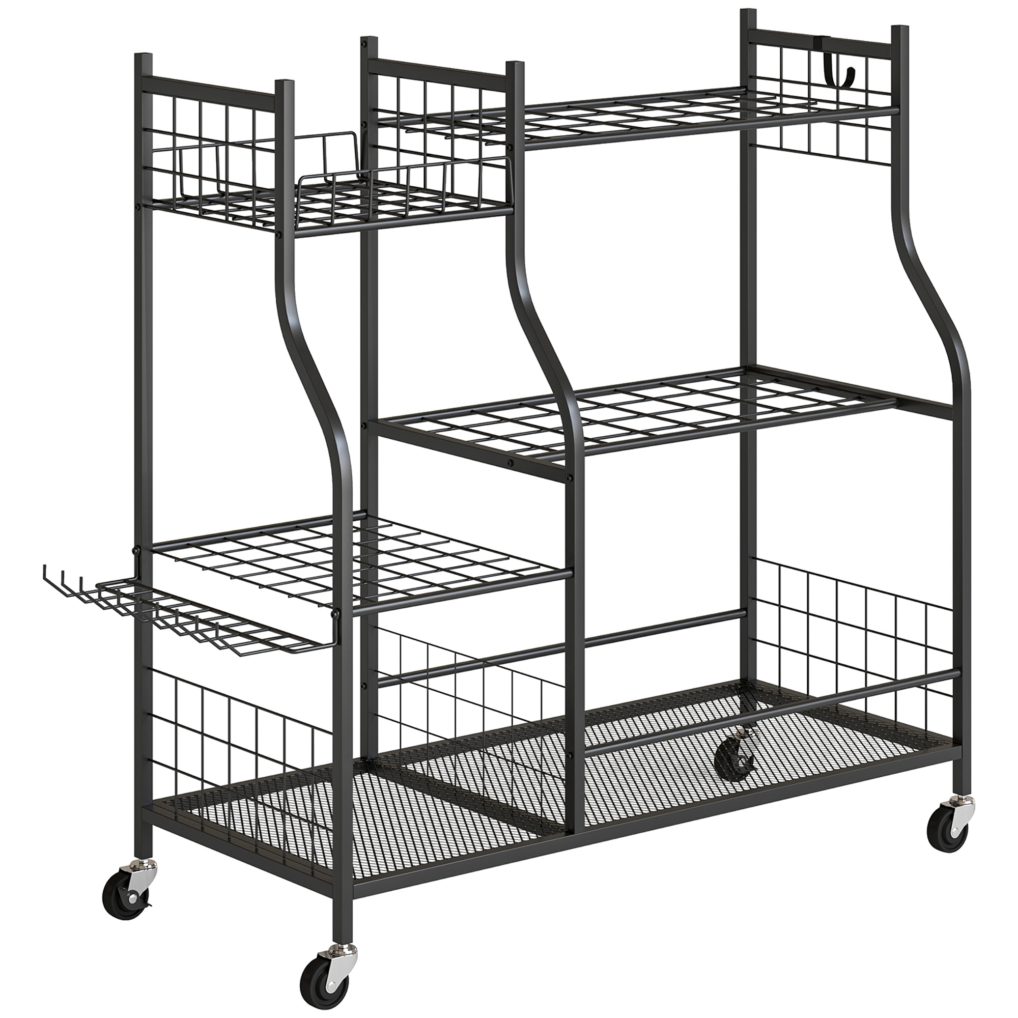 Rangement d'outils de jardin en acier laqué époxy, 3 niveaux et 32 compartiments, 104x40x95 cm, noir