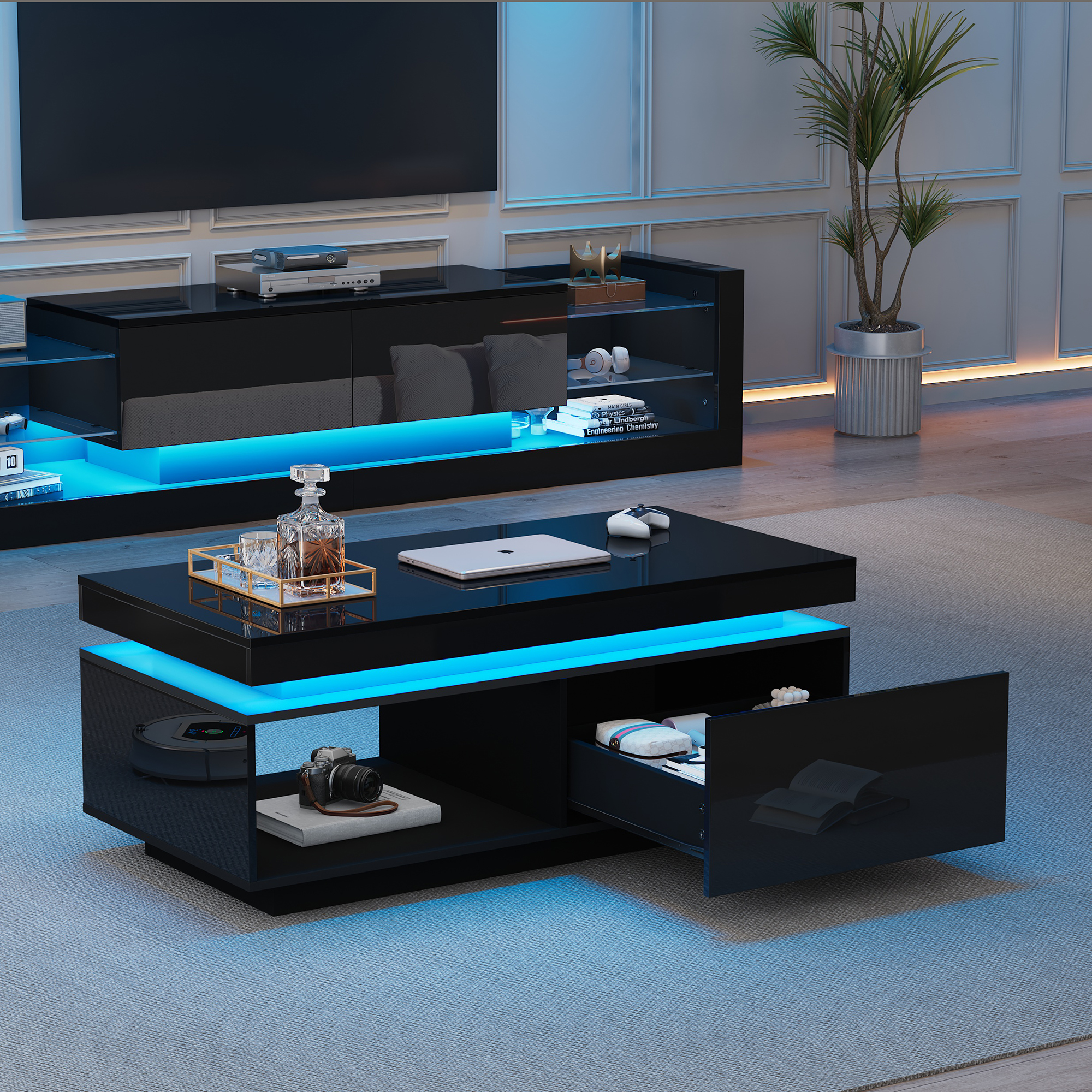 Modenvie Wohnzimmermöbel-set Tv-schrank Und Couchtisch Mit Led, Hochglanz-fronten, Aus Spanplatte Schwarz