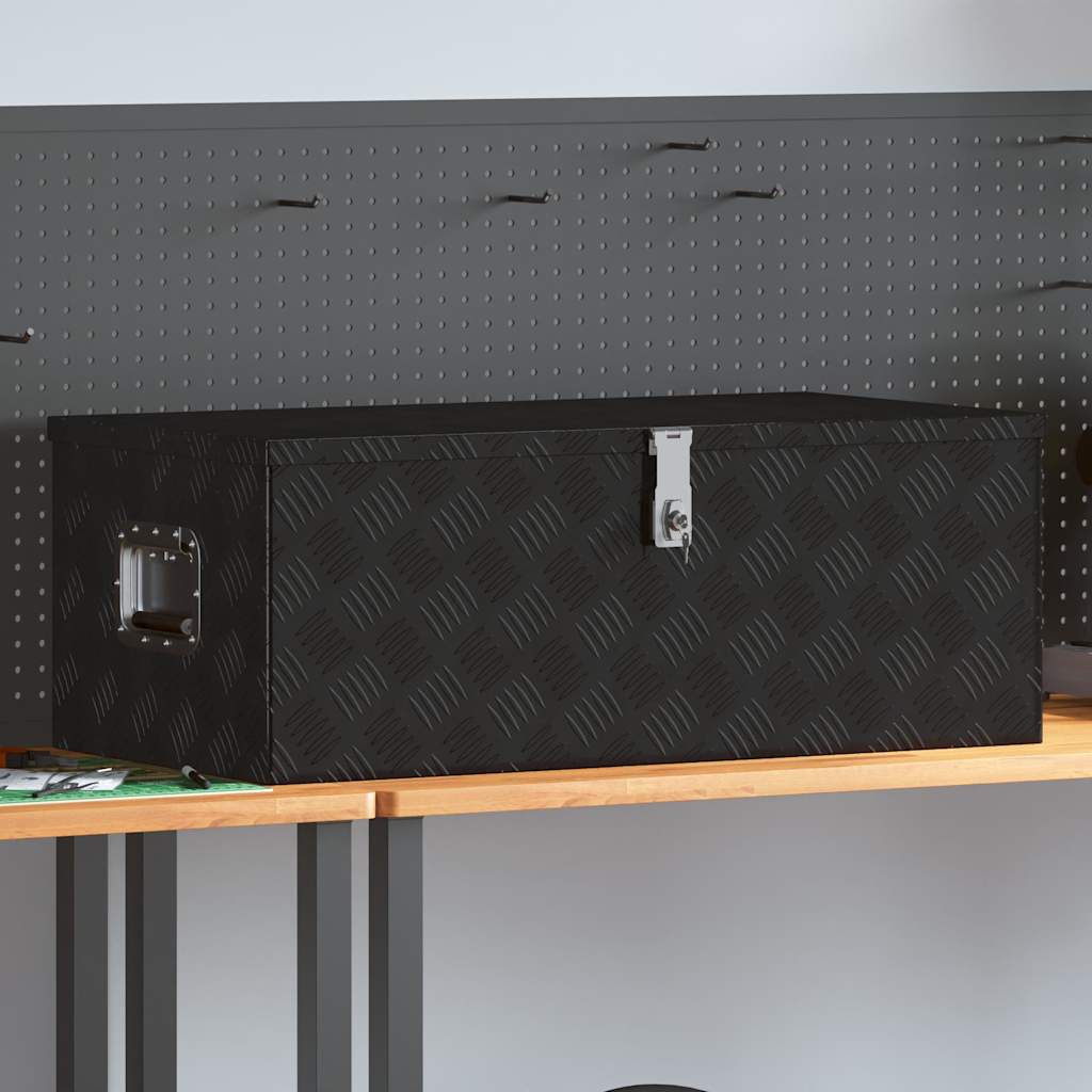 Boîte de rangement en aluminium noir avec serrure, 90 x 47 x 33,5 cm, poignée de transport