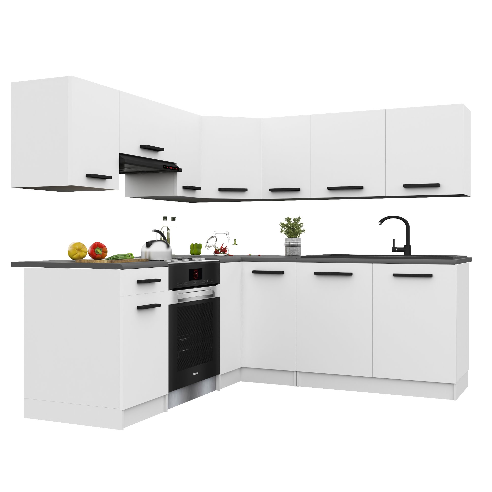 Belini Italia 6 Cuisine Equipée Modulaire Complète - 360 Cm. Meubles Hauts Bas Avec Plan De Travail, Blanc Mat