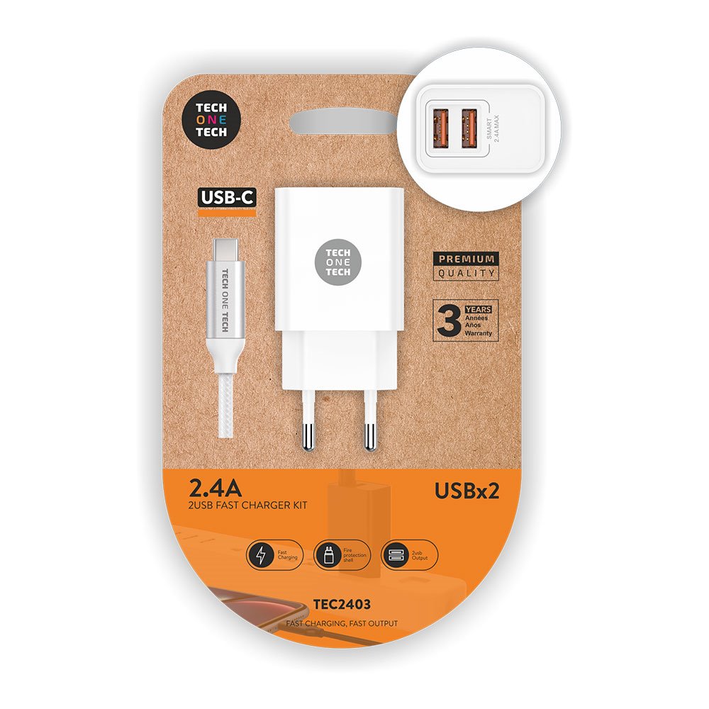 Tech-One-Tech Weiss Tech One Tech Tec2403 Wandladegerät 2Xusb 2.4A + Usb-C-Kabel Weiß - Bild 4
