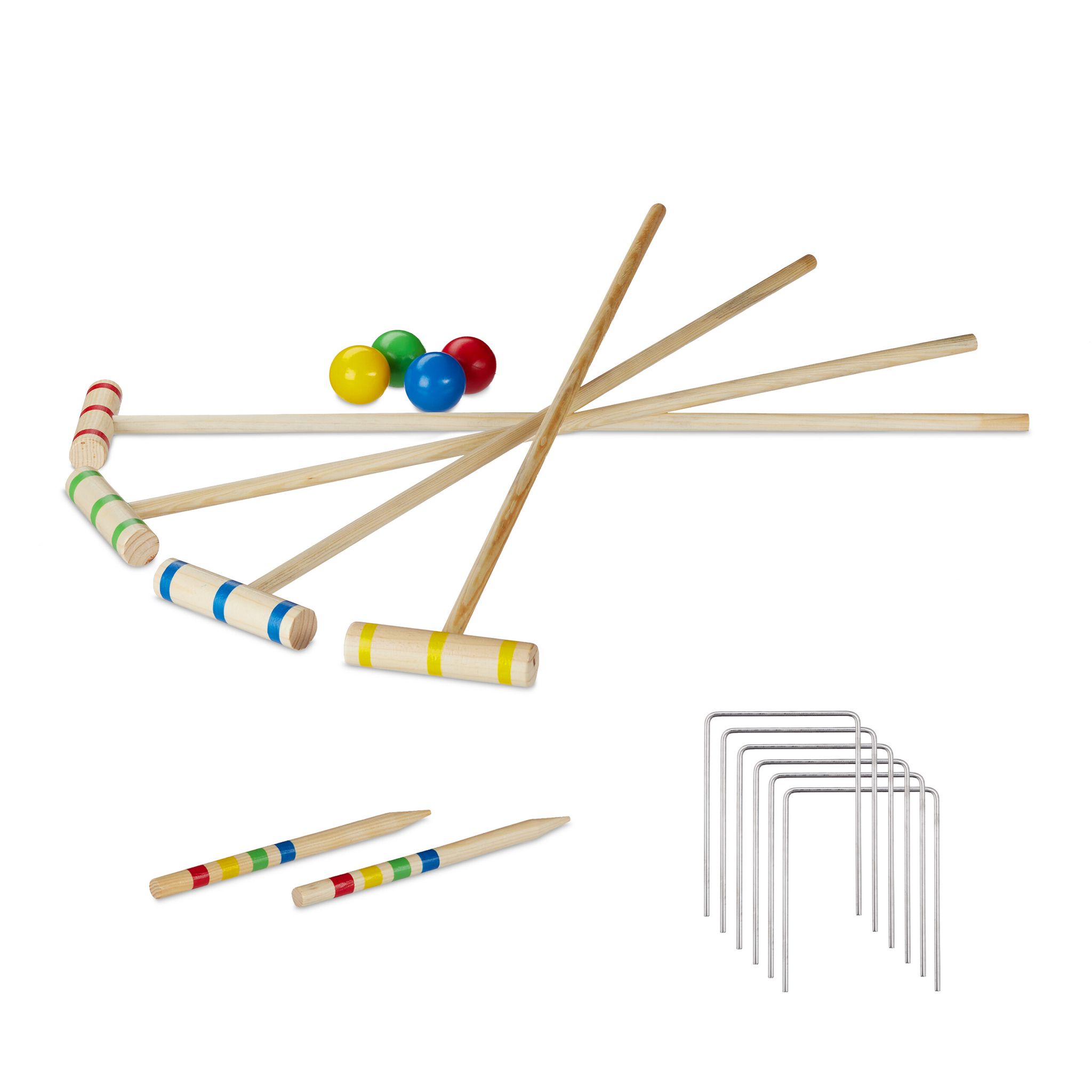 Relaxdays Gioco Del Croquet, 4 Giocatori, Bambini E Adulti, Set Completo Con Mazze Da 75 Cm E Palline, Legno, Naturale