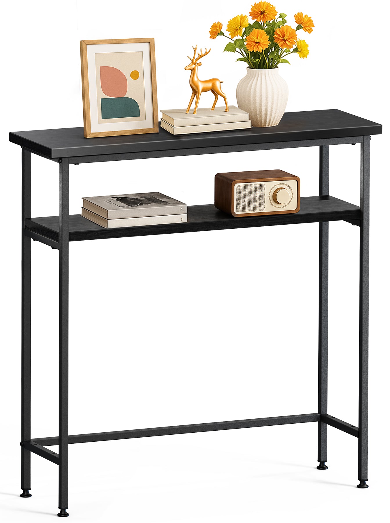 Vounot – Console Table 2 Niveaux 80x24x80cm – Métal Noir Et Mdf – Style