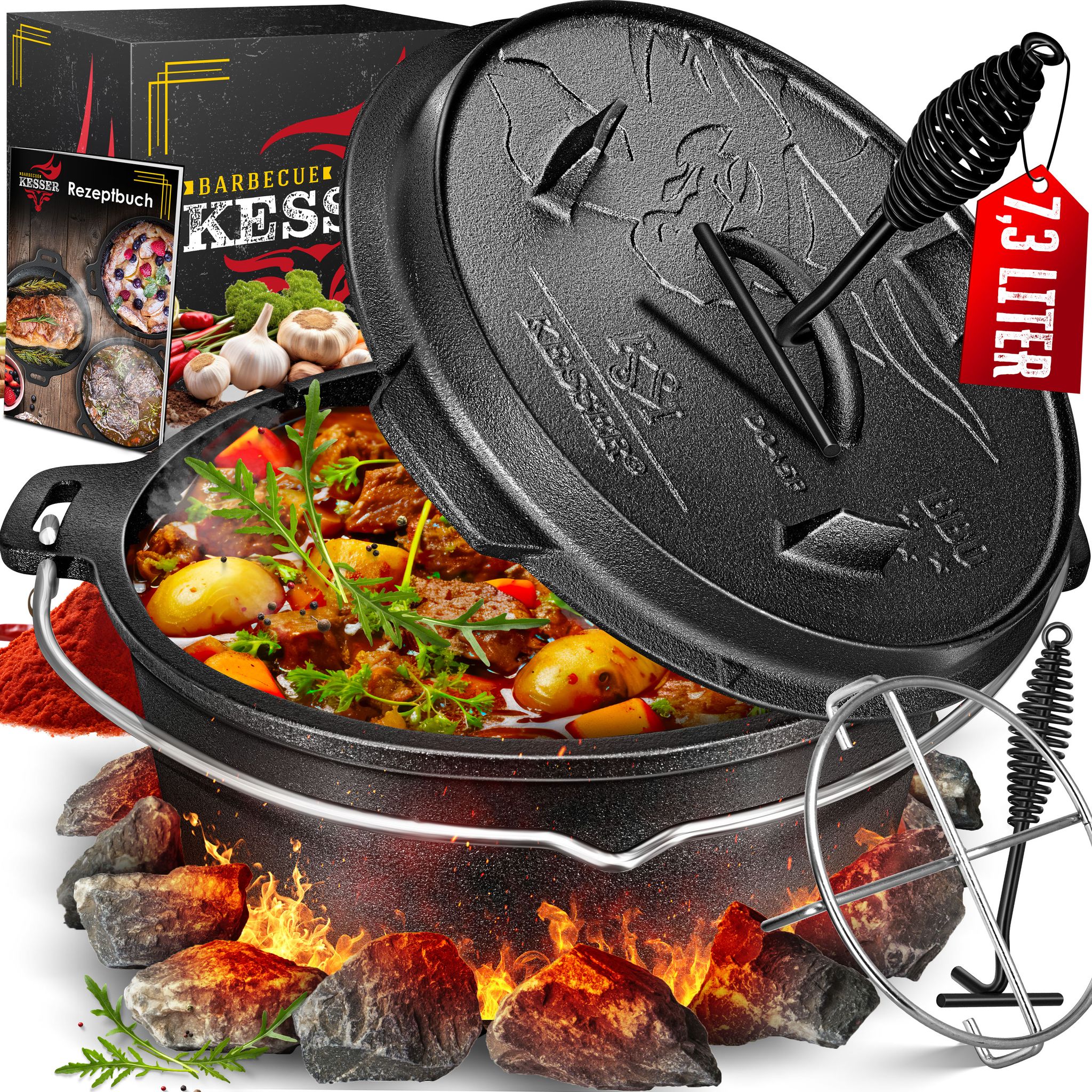Kesser Dutch Oven Set Bbq, Schmortopf, Gusseisen Topf Mit Deckelheber Henkel Und Schlitz Für Themormeter, Grilltopf, Gulaschkessel, Do6p - 7.3 Liter / Topf