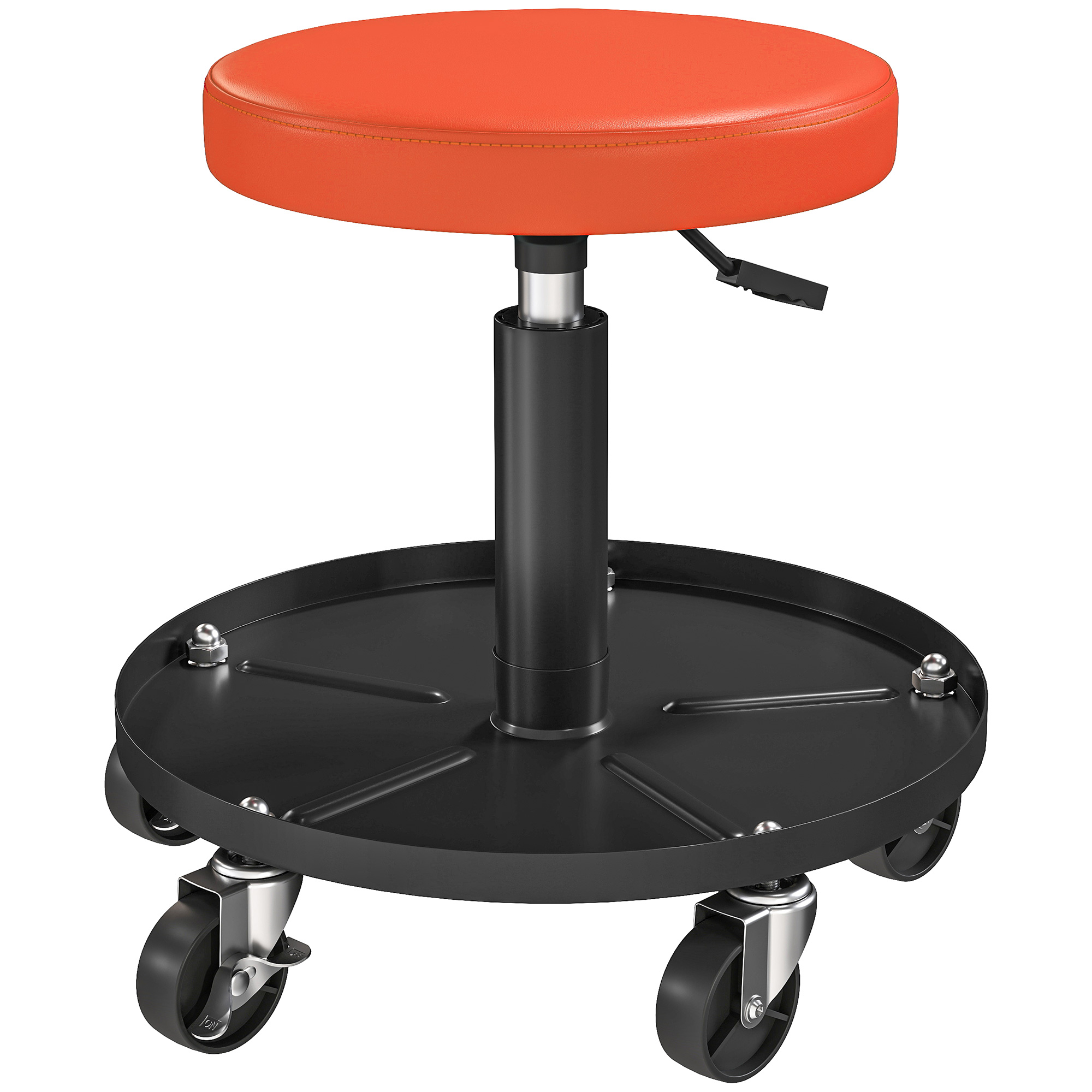 Tabouret d'atelier à 5 roulettes pivotantes 360°, hauteur réglable 38-50 cm, assise rembourrée, plateau de rangement, orange