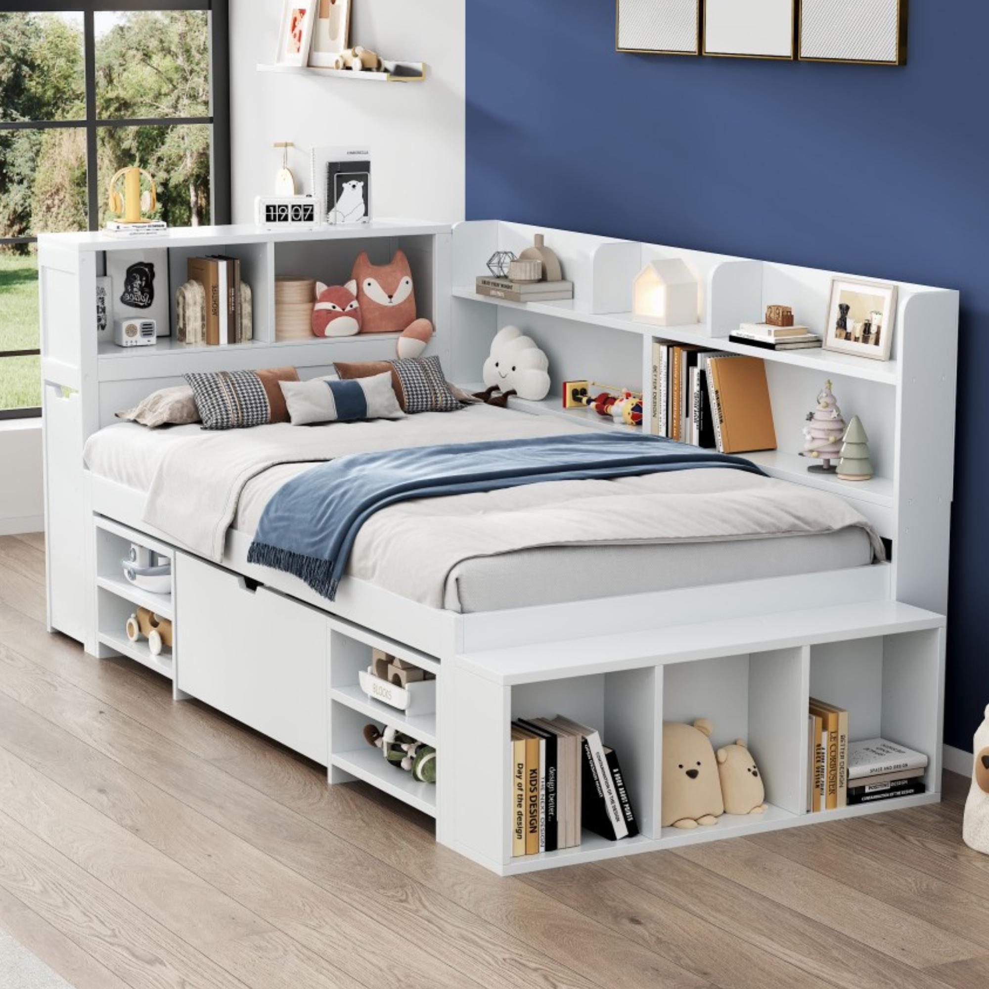 Lit Enfant Avec Rangements, 90x200 Cm,lit Double Gain De Place Pour Ado Avec Tiroirs Et Bibliothèque Tête De Lit, Blanc
