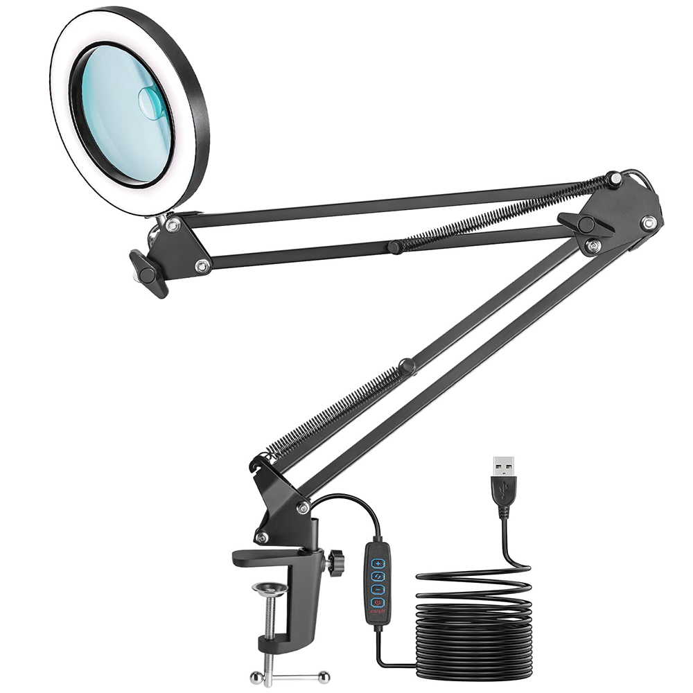 Lampe loupe LED 2 en 1 avec pince et socle, 3 modes de couleur, intensité variable