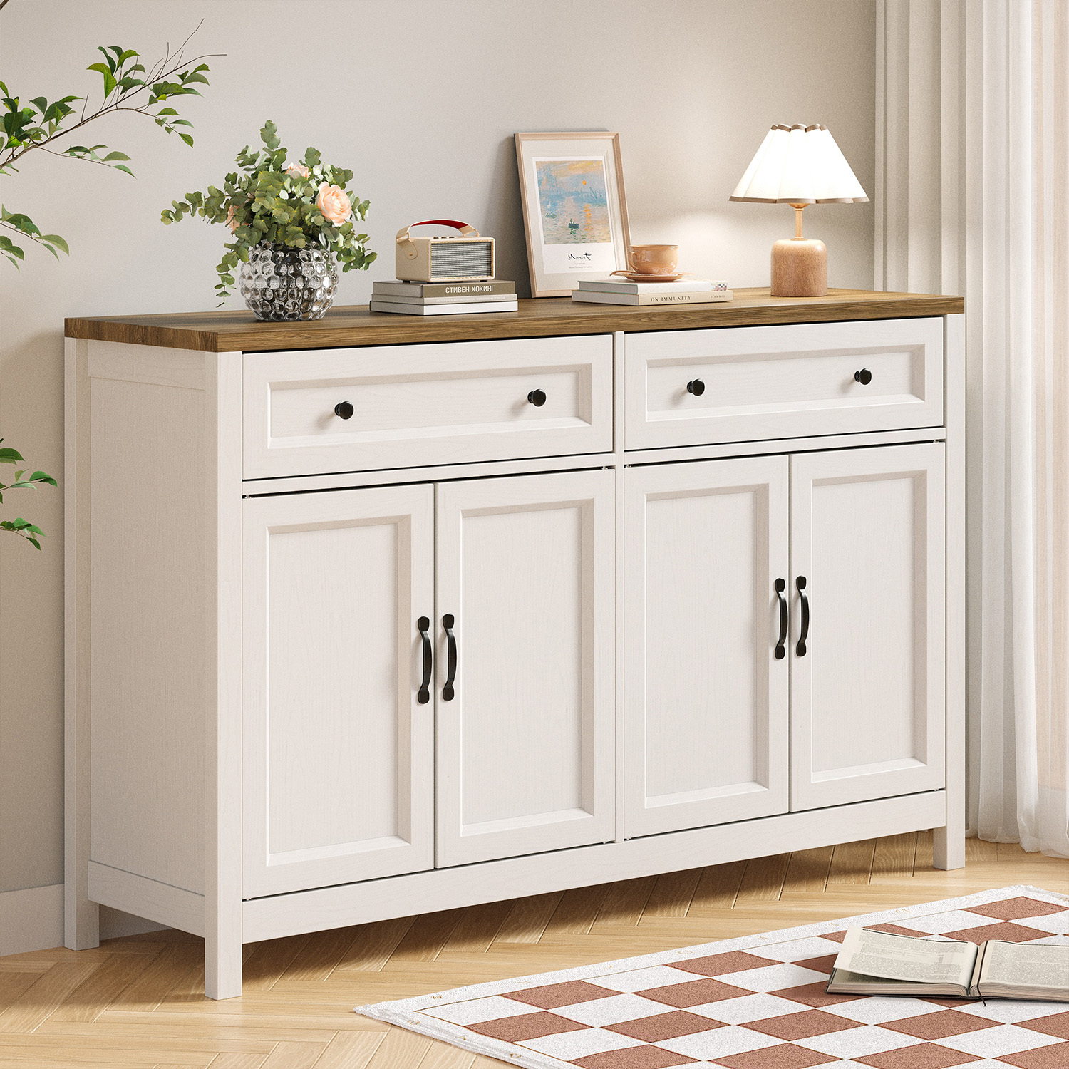 Buffet Rétro 140 Cm Avec 2 Tiroirs Et 4 Portes – Meuble De Rangement Hydrofuge Et Facile À Nettoyer – Design Scandinave Pour Salle À Manger Et Salon
