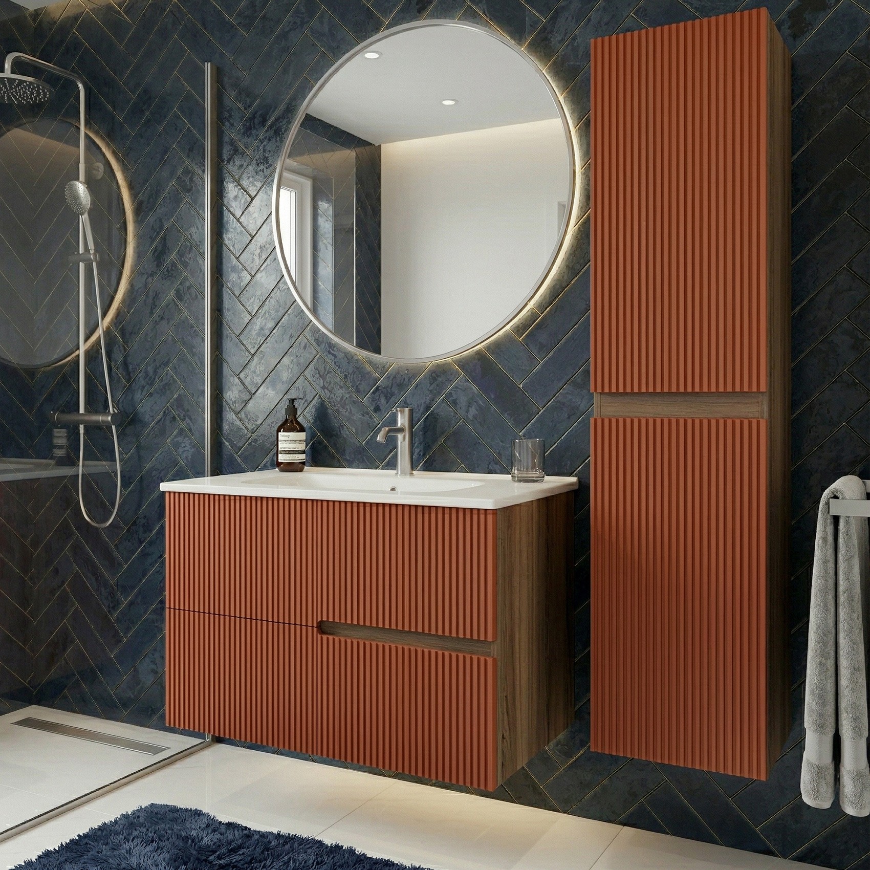 Ensemble Meuble Simple Vasque L.80cm + 1 Colonne À Suspendre Chêne Moka 2 Tiroirs Brique Cannelé Eva