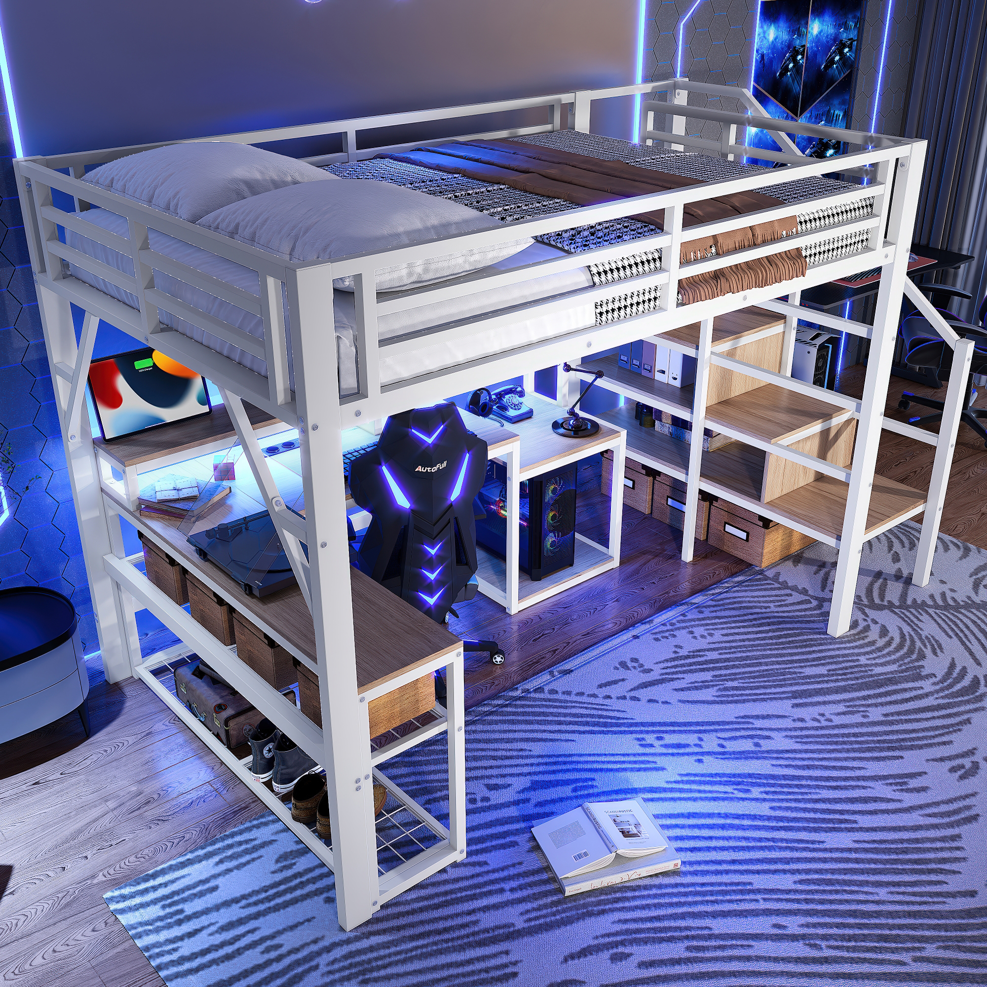 Stilvora Hochbett 140 X 200 Cm Mit Schreibtisch, Usb, Led Regulierbar Und Regalen, Ohne Matratze, Aus Metall, Weiß