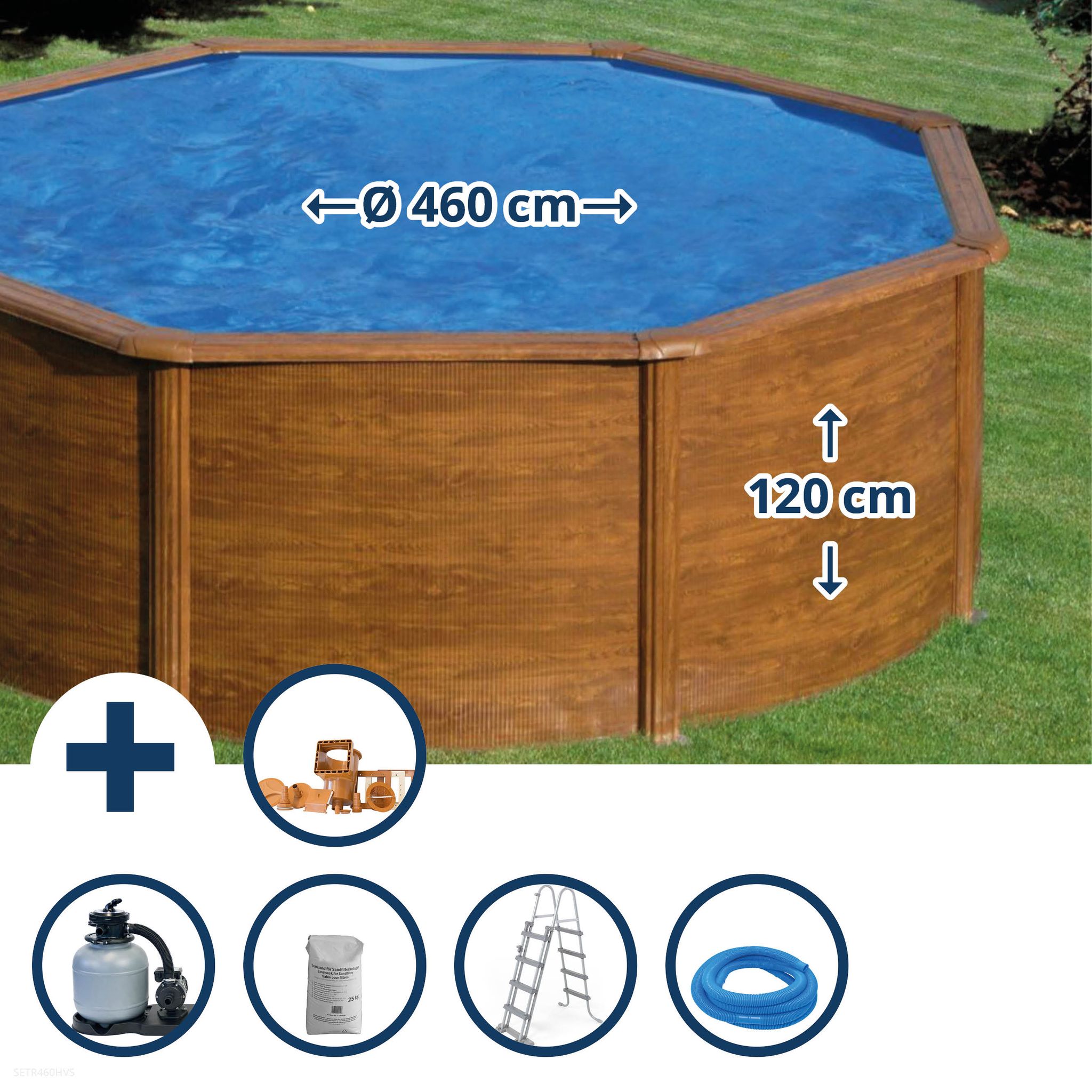 Gre - Stahlwandpool Set (5-teilig) Hoch Rund 460 X 120 Cm, Stahl 0,4 Mm Holzoptik Folie 0,3 Mm Blau
