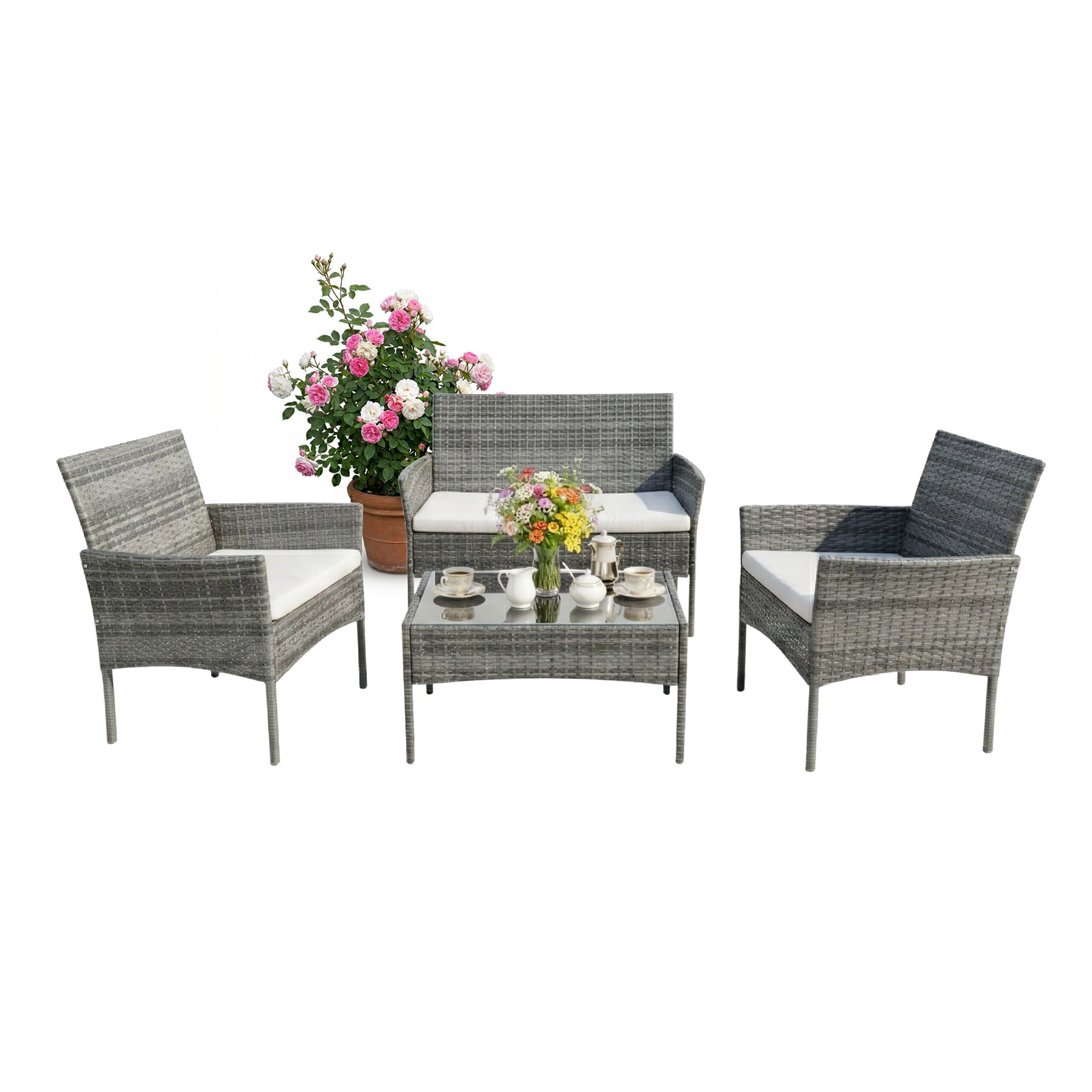Relaxdays 4-piece Rattan Garden Set For 4 – 2-seat Sofa, 2 Armchairs & Glass Table, Outdoor, Grey