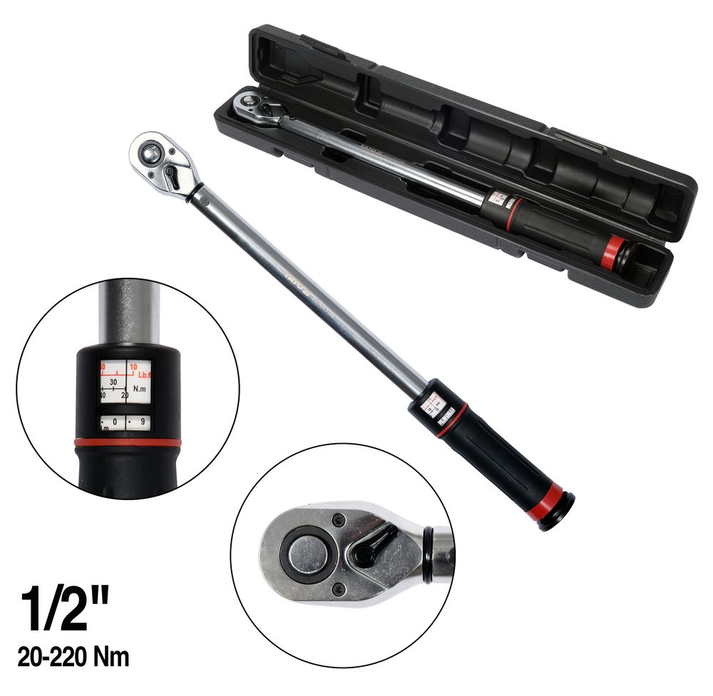 Yato Drehmomentschlüssel Mit Sichtfenster, Umschaltknarre, Kalibriert, 72 Zähne, 42Crmo +1/2" 20-220 Nm Yt-07605