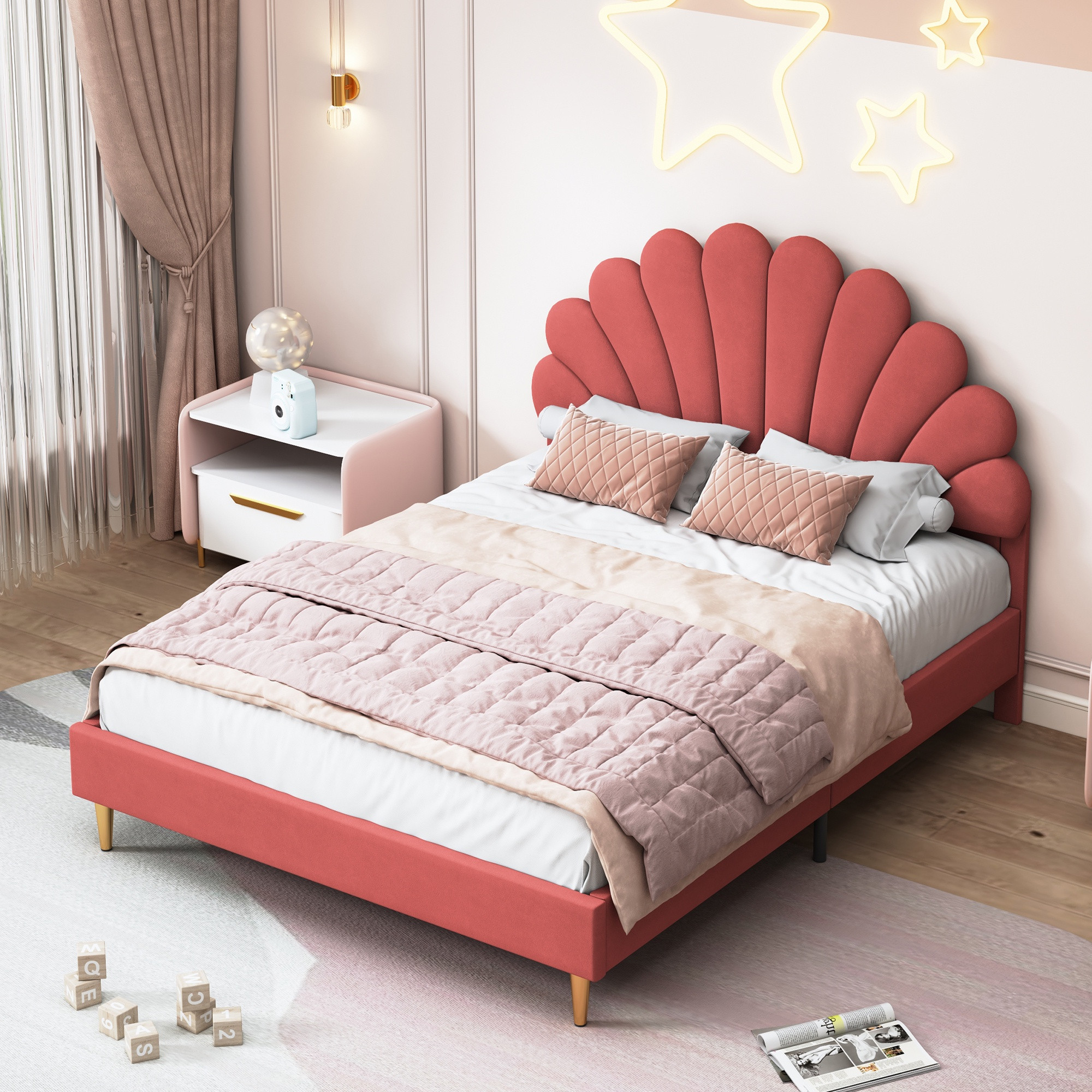 Eifson – Lit Double 140x190 Cm – Lit Princesse En Velours Rouge – Tête