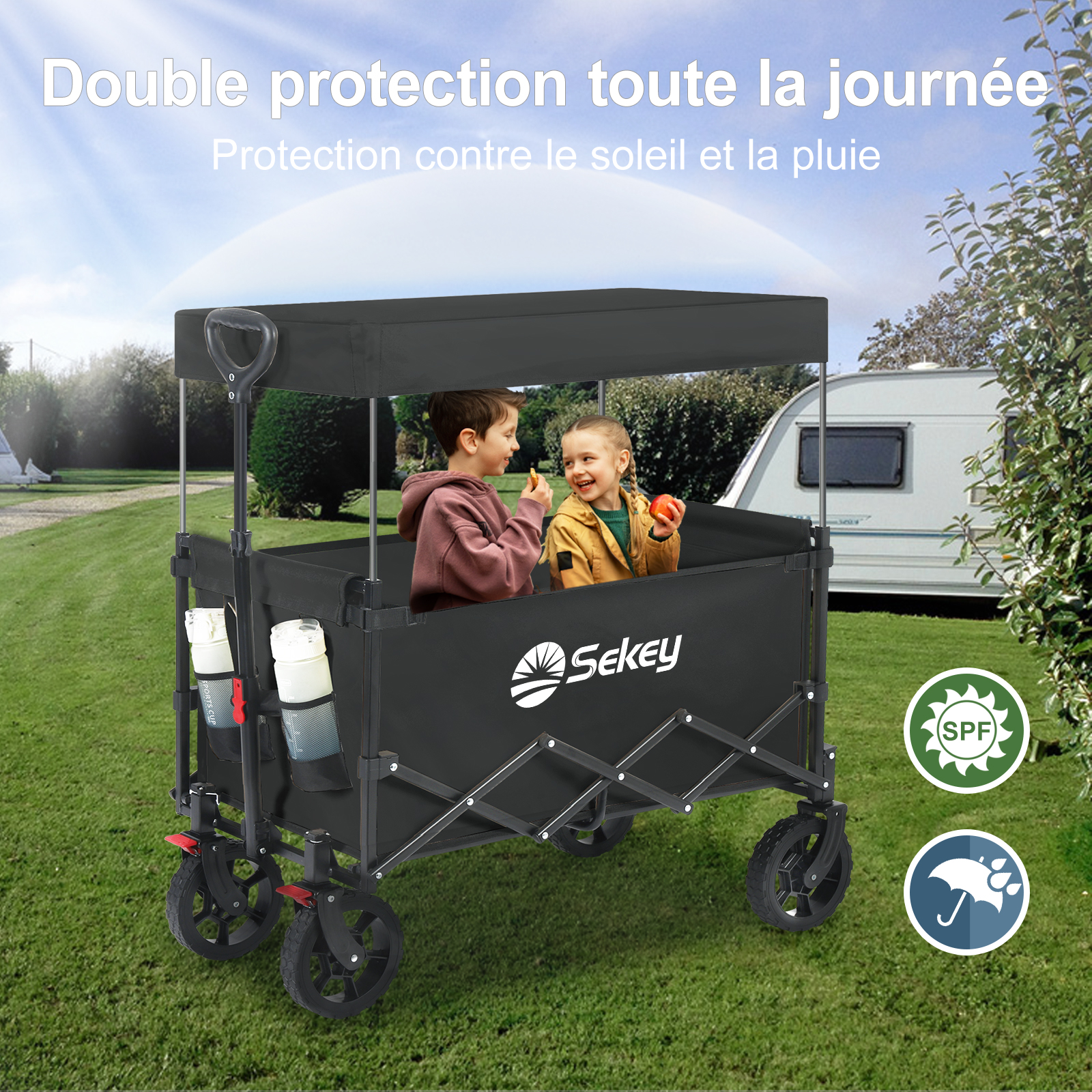 Sekey - Chariot Pliable Avec Toit – Charge Max 150 Kg – Usage Jardin/camping – Noir