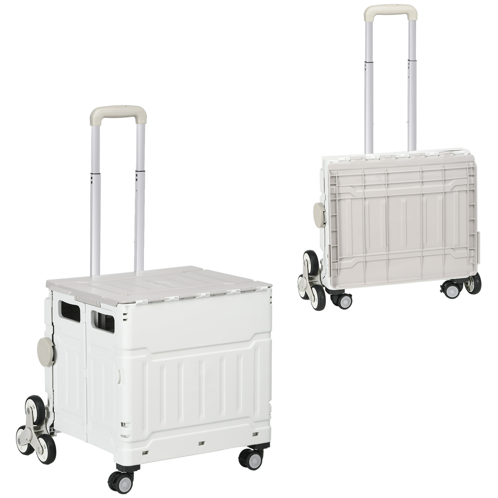 Chariot de courses pliable 51 L, roues pour escaliers, poignée aluminium télescopique, blanc