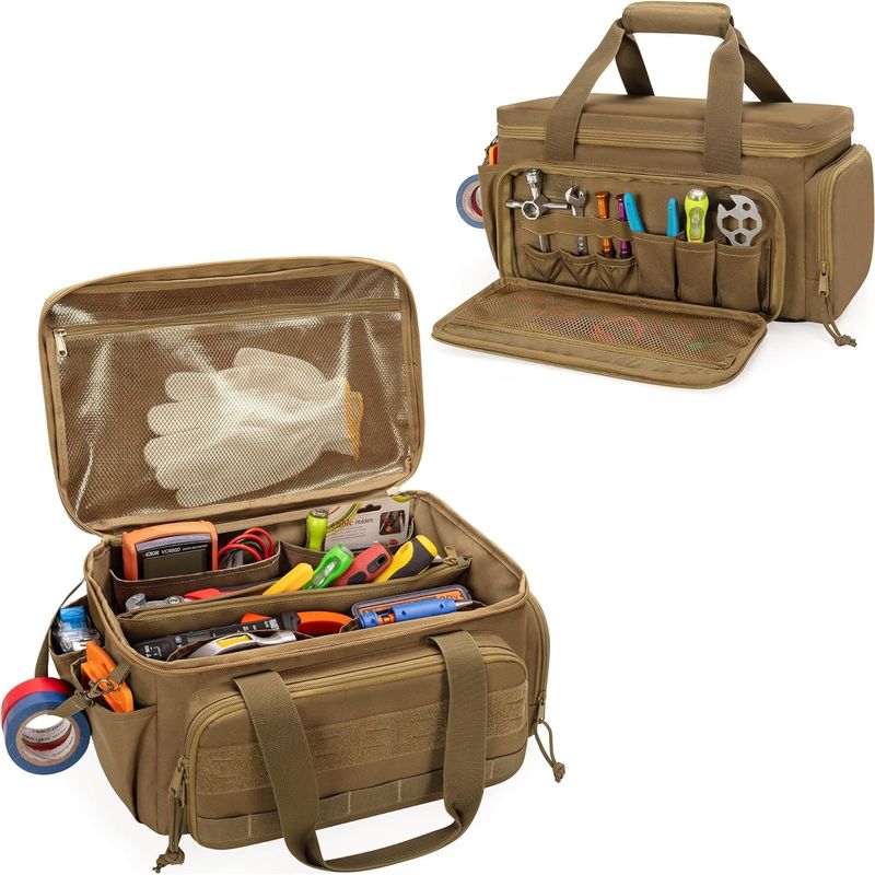 Sac à outils 36 cm pour électricien et bricoleur, 4 poches, compartiment zippé, kaki