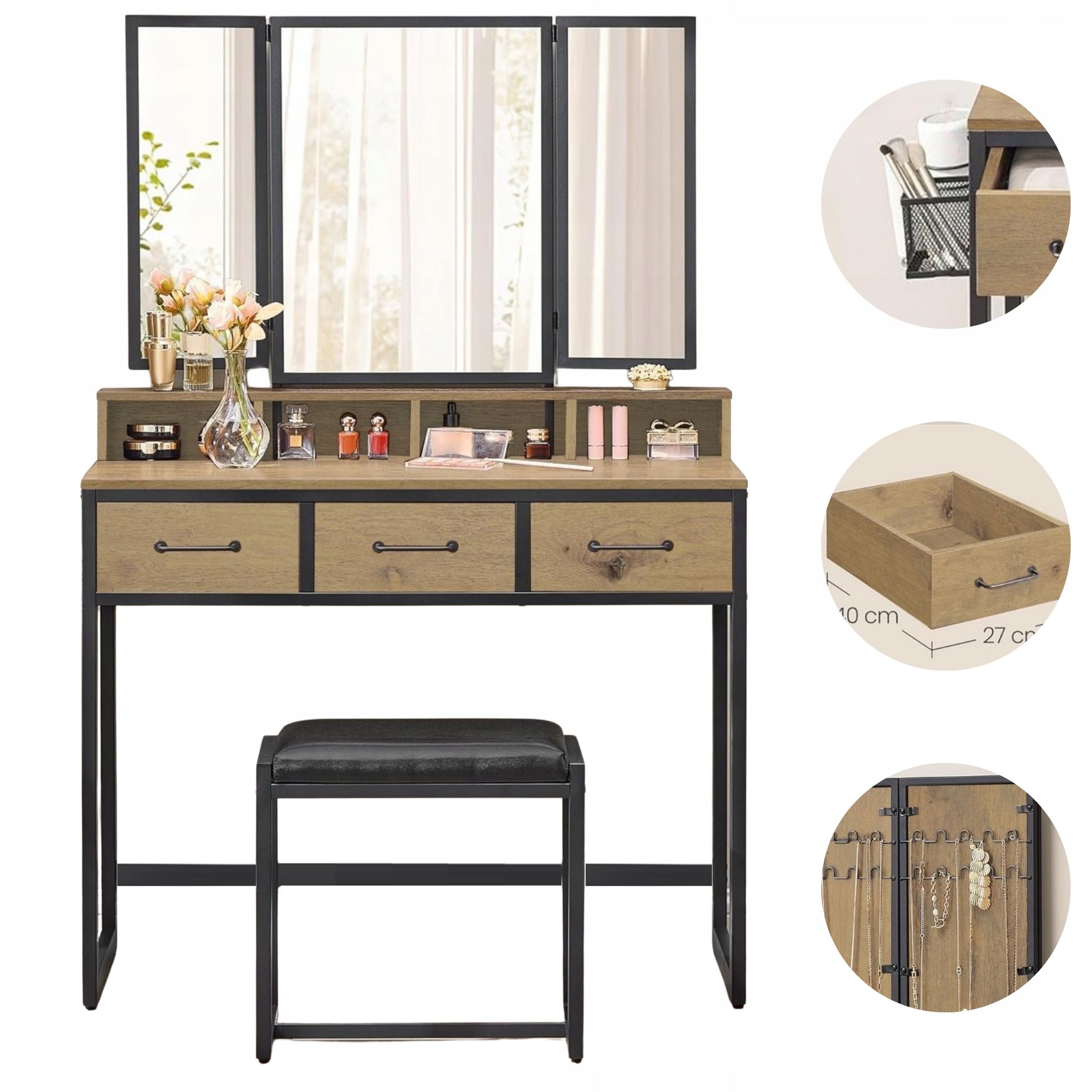 Tavolo Da Trucco Artigianale Con Specchio Nero, Pouf, Porta Asciugacapelli E Cassetti.