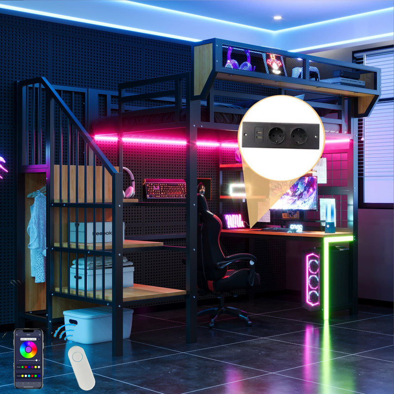 Lit Mezzanine Métal 140x200 Avec Led Et Prise Usb