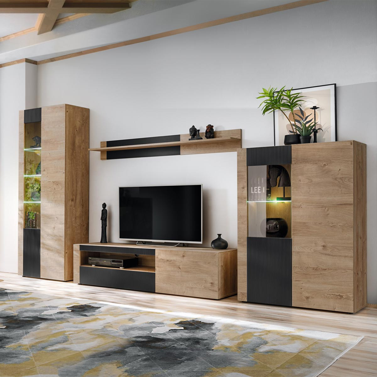 Paris Prix – Ensemble Meuble Tv Rainuré 320cm – Mdf Et Verre – Finition Mate – Éclairage Led Inclus – Design Noir Et Naturel