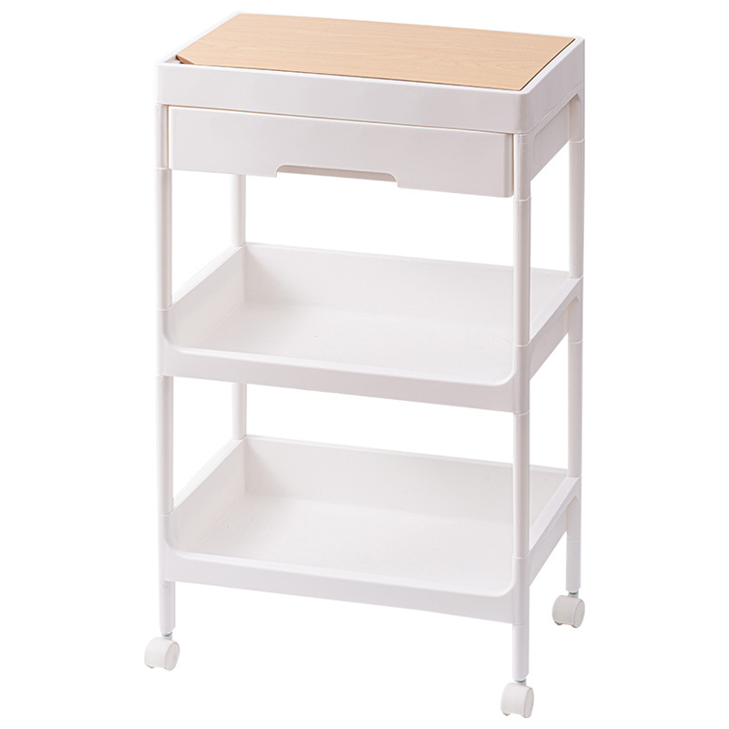 Chariot roulant 3 étagères avec couvercle et roues, PP et MDF, 75 cm, 1 pièce