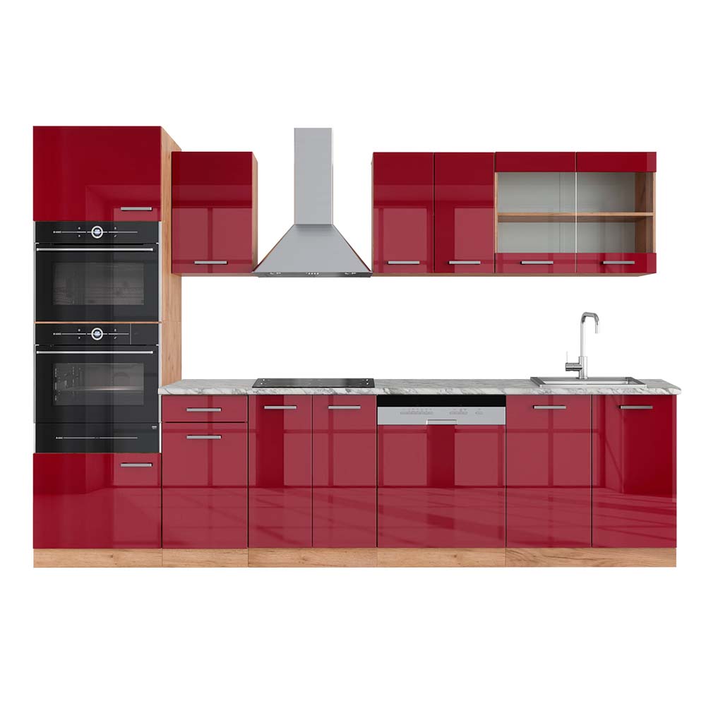 Cuisine R-Line, Rouge brillant/Chêne doré, 300cm avec armoire haute, PT Marbre, Vicco