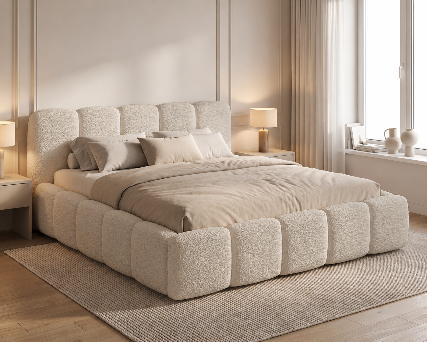 Emporius Lit Double 140x200 Vorello, Tissu Bouclé, Sommier, Rangement - Beige