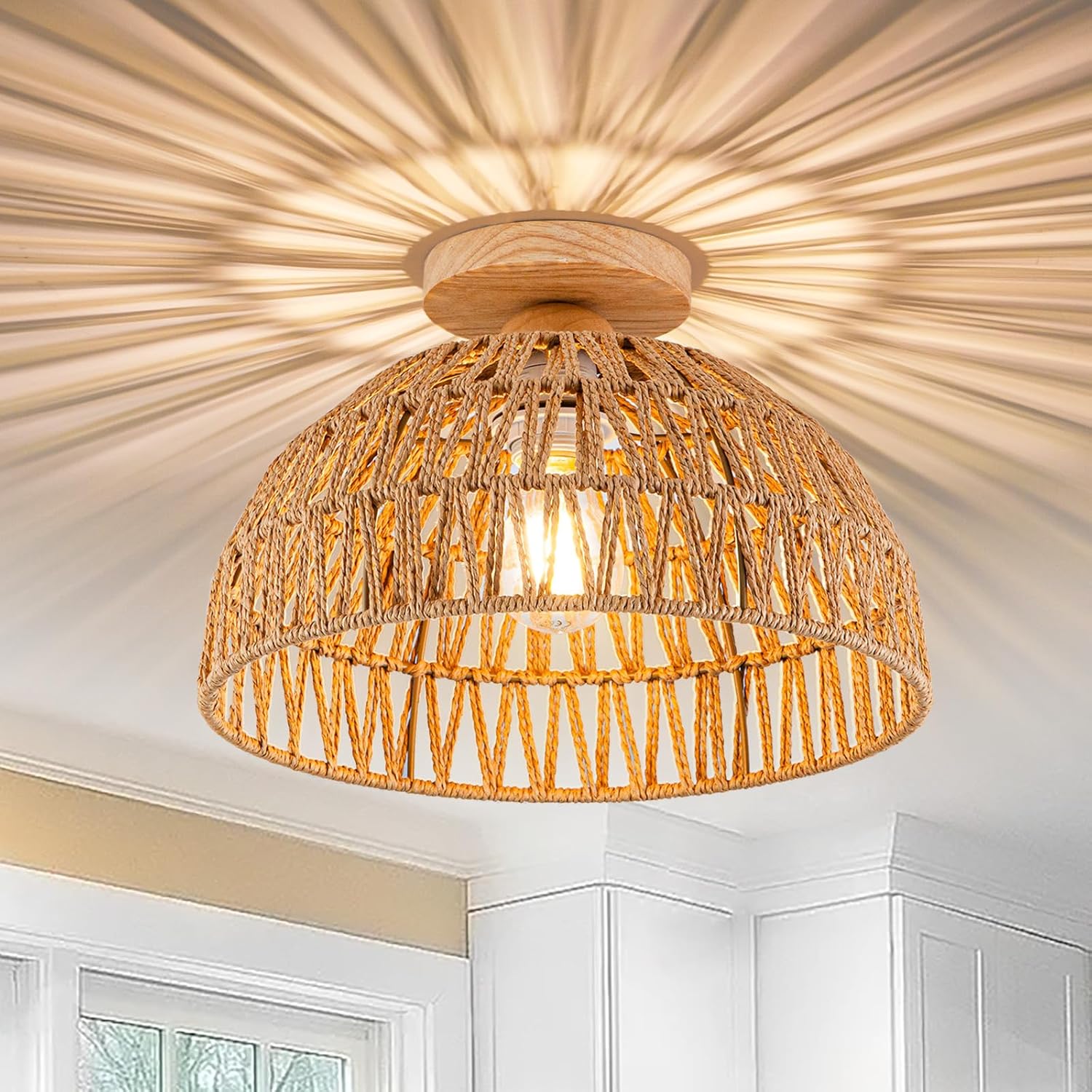 Plafonnier Rotin Pour Salon, Lampe De Plafond E27 Avec Abat-jour En Rotin, Décoration Maison Style Vintage Campagne, Pour Chambre, Couloir, Kaki