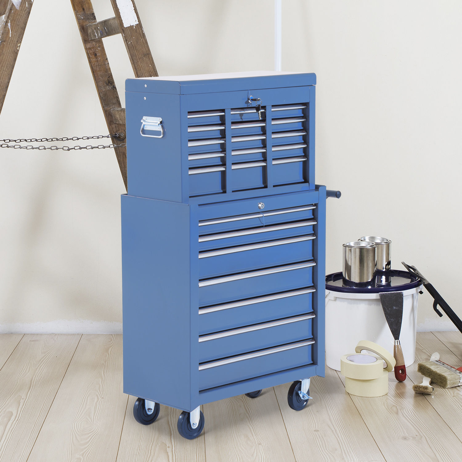 Servante d'atelier bleue à 16 tiroirs verrouillables, coffre à outils, clé et tapis antidérapants