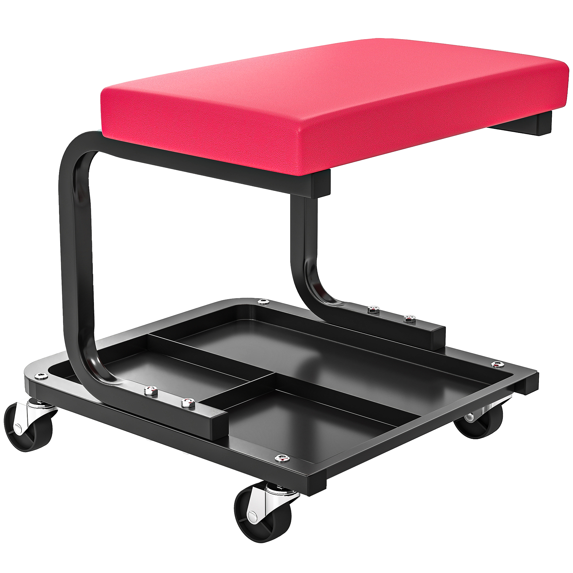 Tabouret d'atelier mobile à roulettes, plateau de rangement 3 sections, assise PU rembourrée, charge 135 kg, rouge