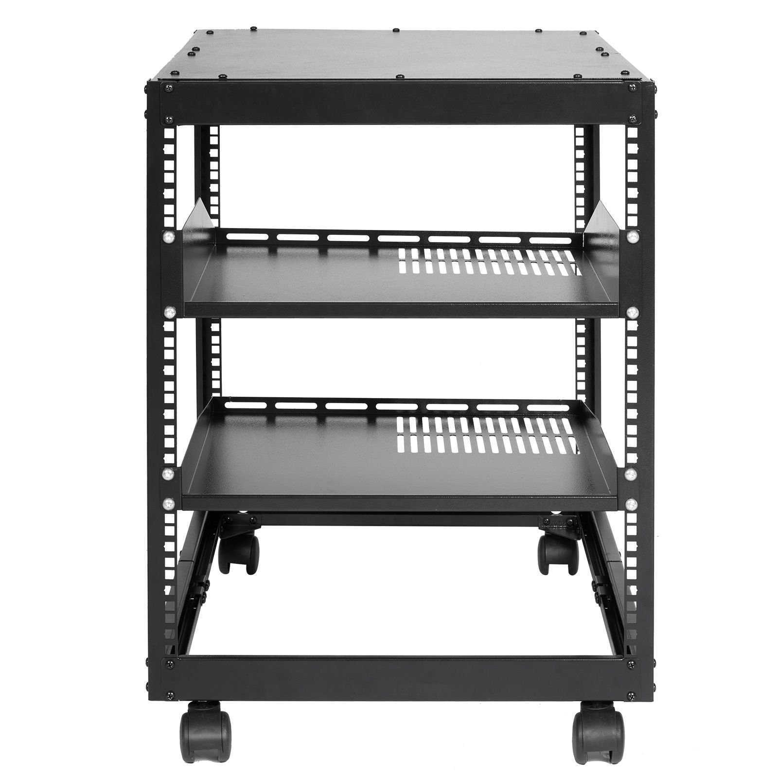 Rack serveur ouvert 12U autoportant ou mural, profondeur réglable 58,5-101,6 cm, 4 montants avec roulettes, acier au carbone, noir