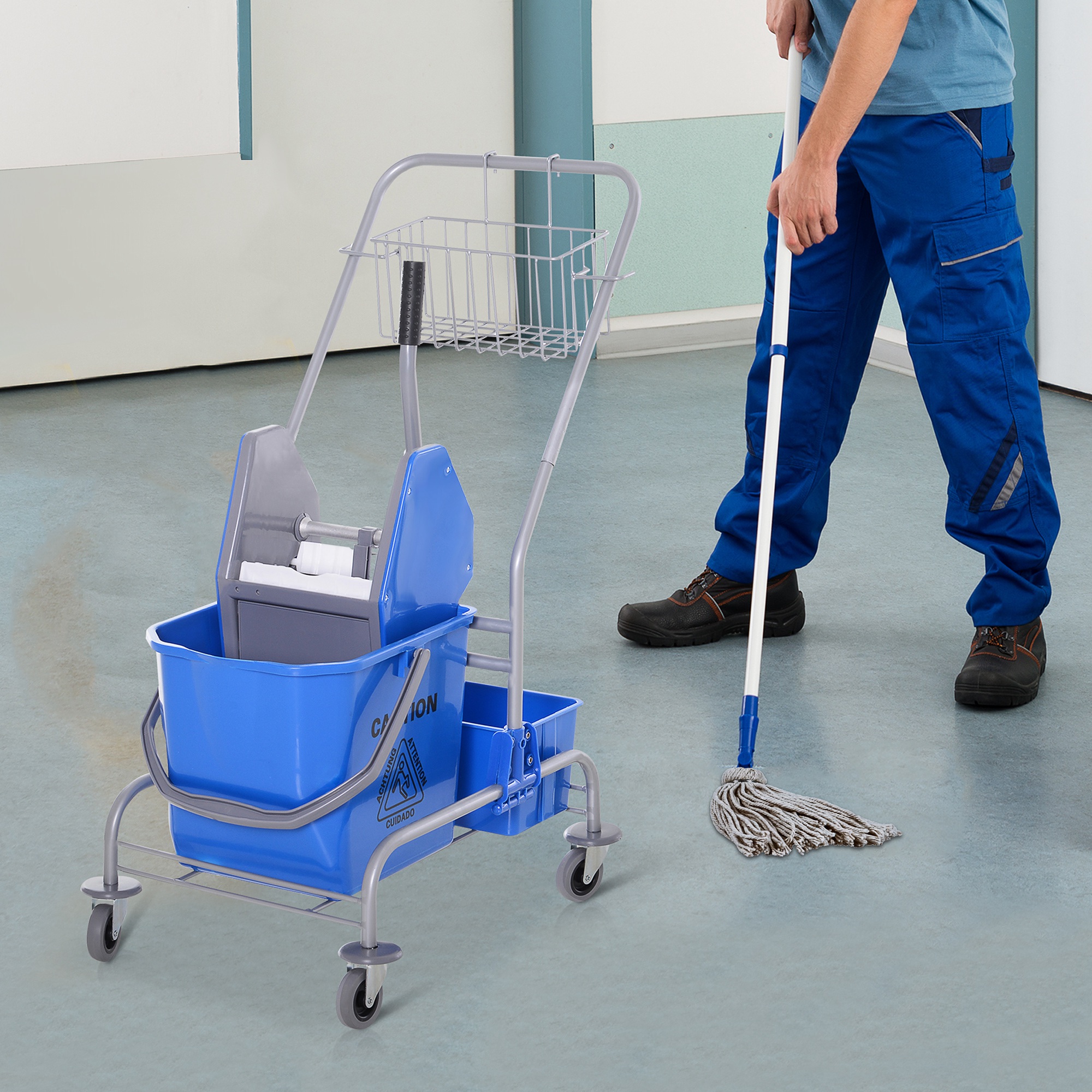 Chariot de nettoyage professionnel avec seau à franges amovible de 25 litres et essoreuse à pression, 72 x 49,5 x 95 cm, bleu